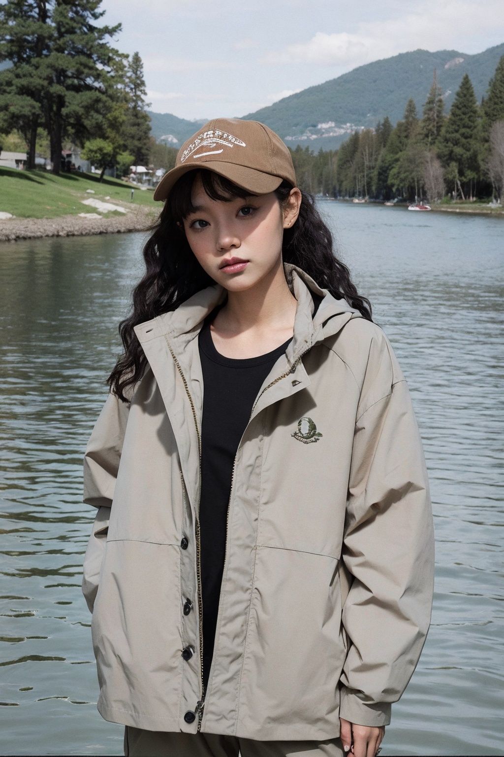 arien_fashion,1girl,upper body,lake background, <lora:时尚夹克模特:0.5>