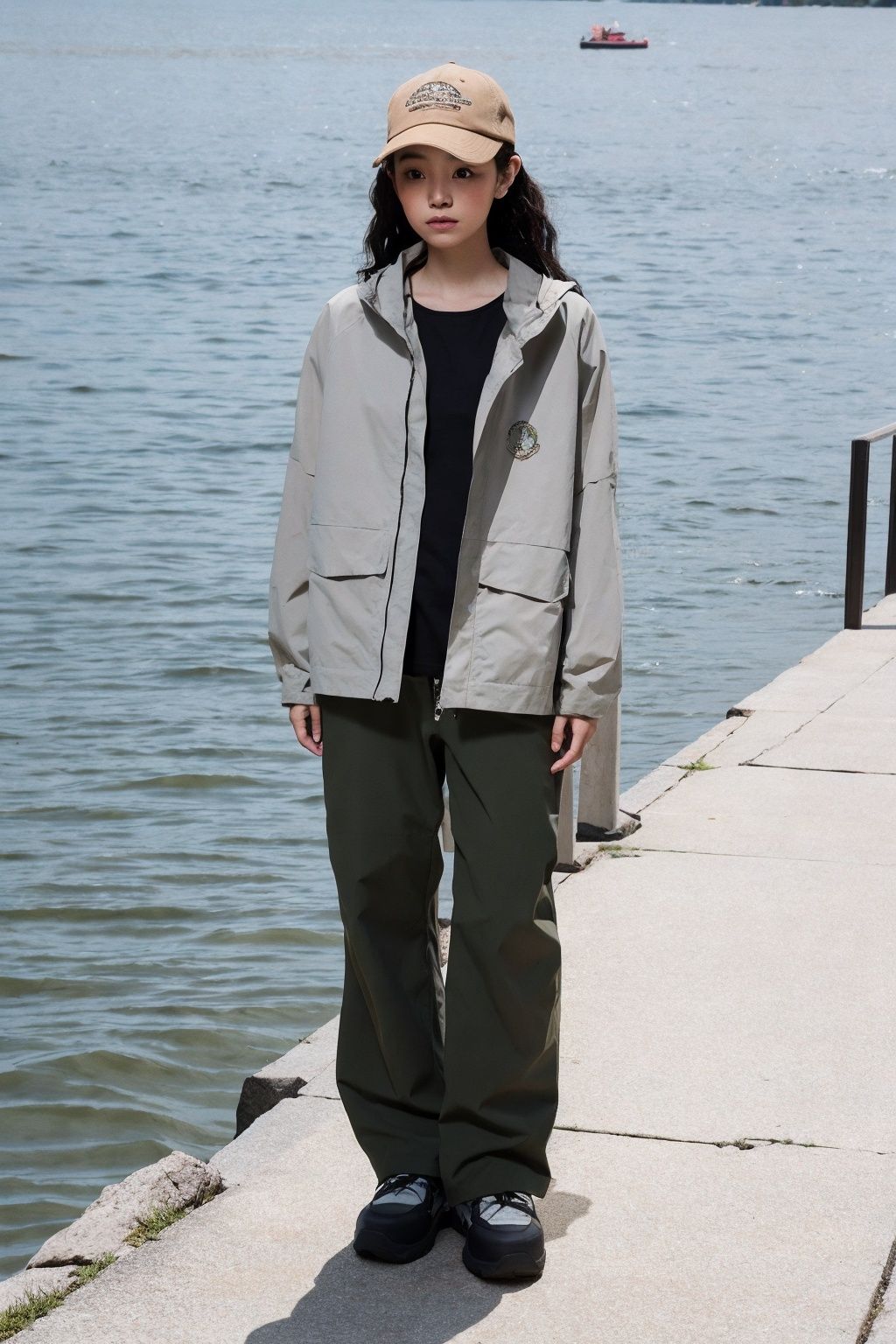 arien_fashion,1girl,full body,lake background, <lora:时尚夹克模特:0.5>