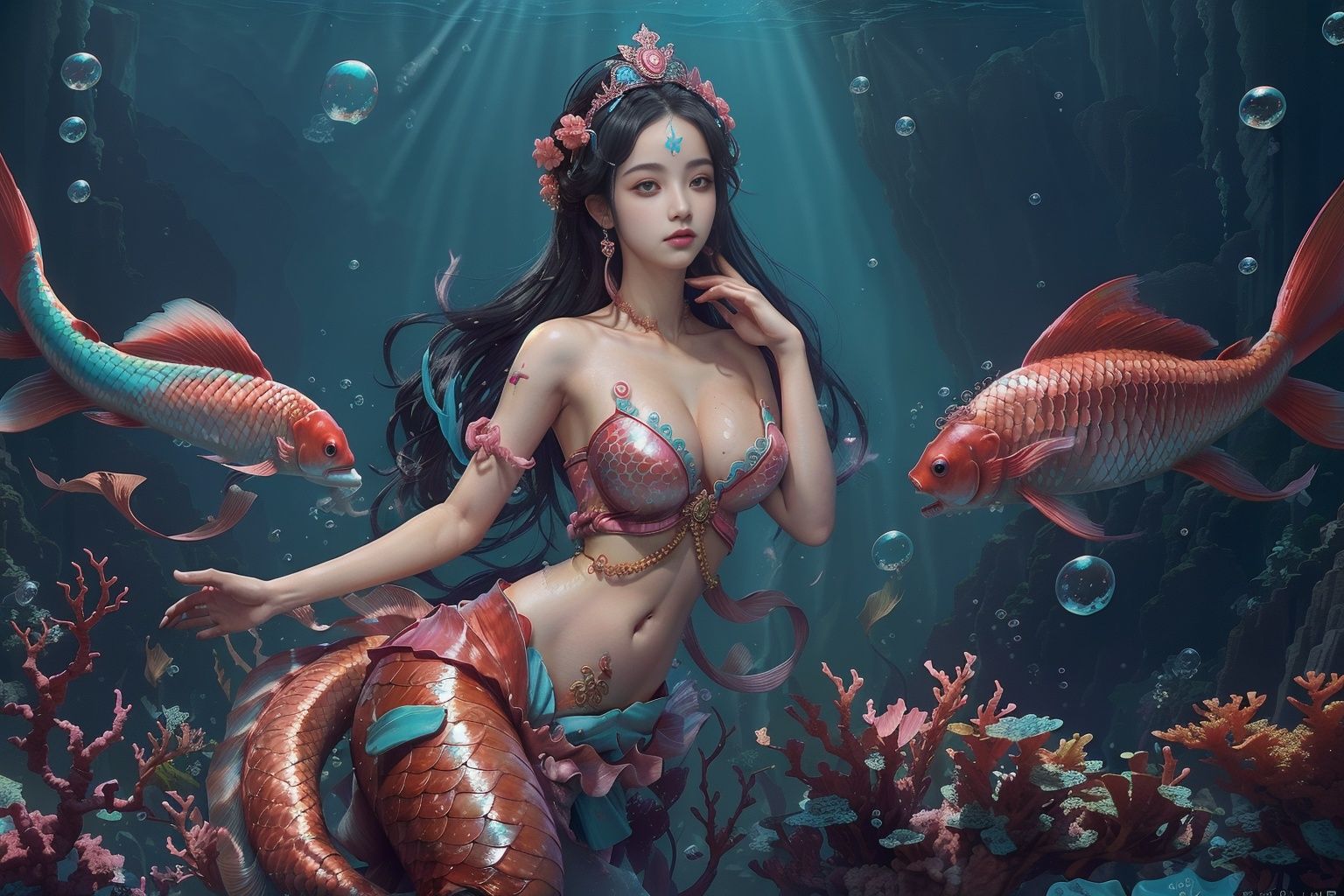 best quality,masterpiece,colorful,dynamic angle,highest detailed,1 girl,(forehead marker:1.3),mermaid,black hair,pink hair accessories,cleavage,large chest,(cyan belly pocket:1.3),half body,side,underwater,water bubbles, cord, red fish,underwater sunlight, crown,