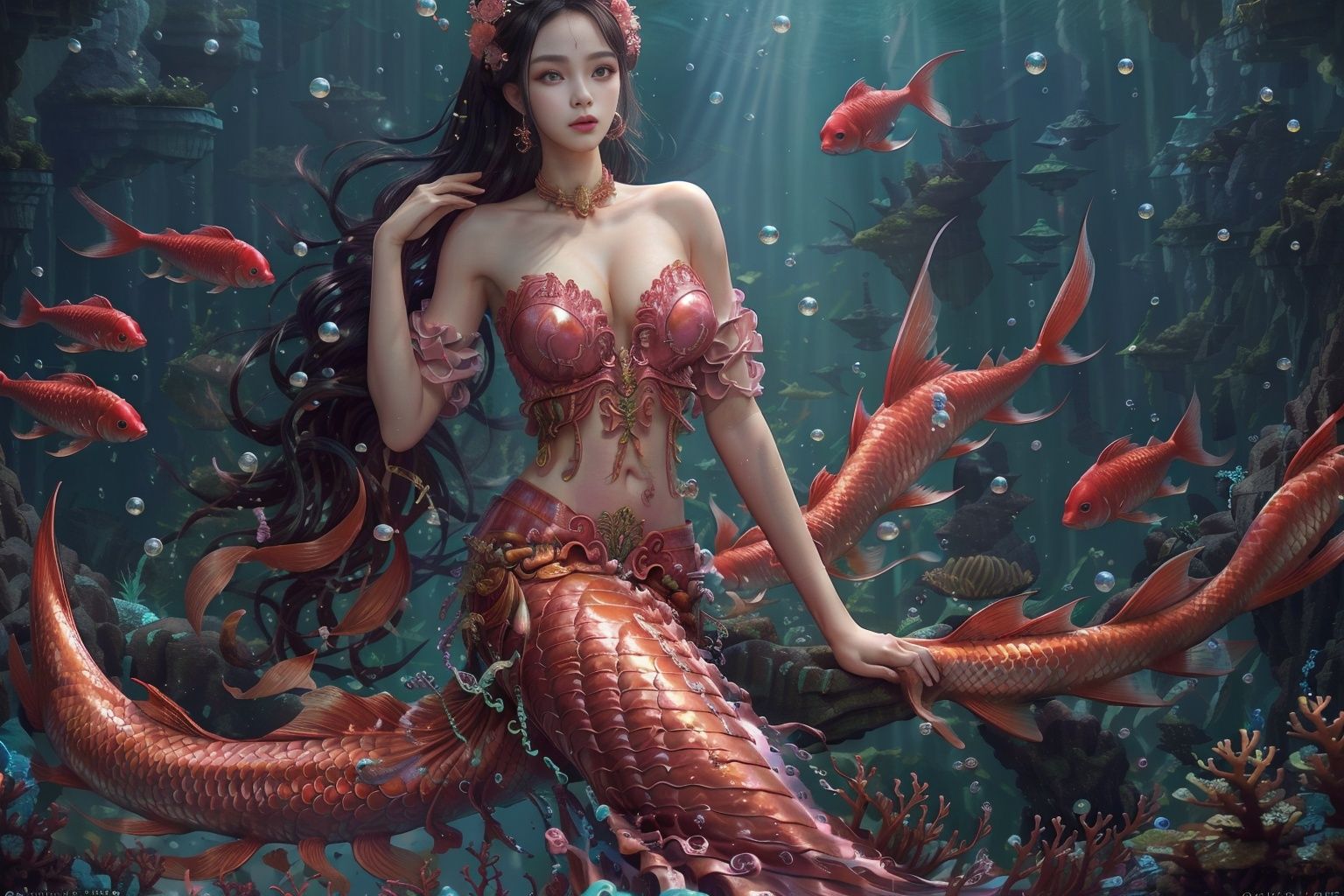 best quality,masterpiece,colorful,dynamic angle,highest detailed,<lora:mermaid-000020:0.5>,1 girl,(forehead marker:1.3),mermaid,black hair,pink hair accessories,cleavage,large chest,pink belly pocket,half body,side,underwater,water bubbles,coral,red fish,underwater sunlight,place one hand in front of your forehead,