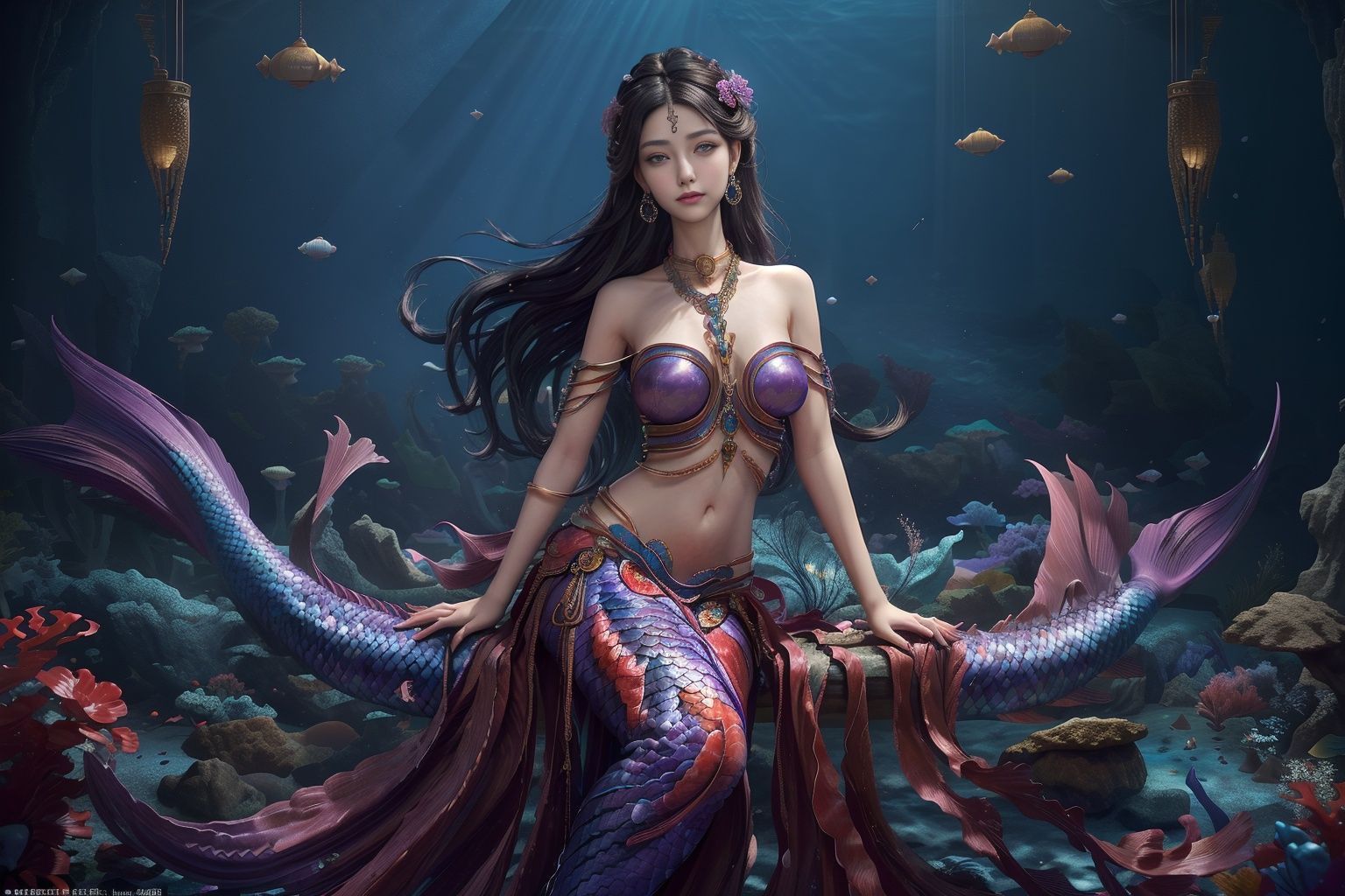 best quality,masterpiece,colorful,dynamic angle,highest detailedLong black hair, blue-purple mixed color,(half-body:1.3),mermaid,clearance,the space between a woman's breaks,eye,neck cover,ear pendants,bellyband,navel,sit,(orthographic lens:1.3),(watching the audience:1.2),neck ornament,clear water,seabed,rock,