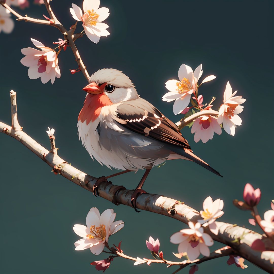 a tiny finch on a branch with spring flowers on background:1.0, aesthetically inspired by Evelyn De Morgan, art by Bill Sienkiewicz and Dr. Seuss, ray tracing, volumetric lighting, octane render
