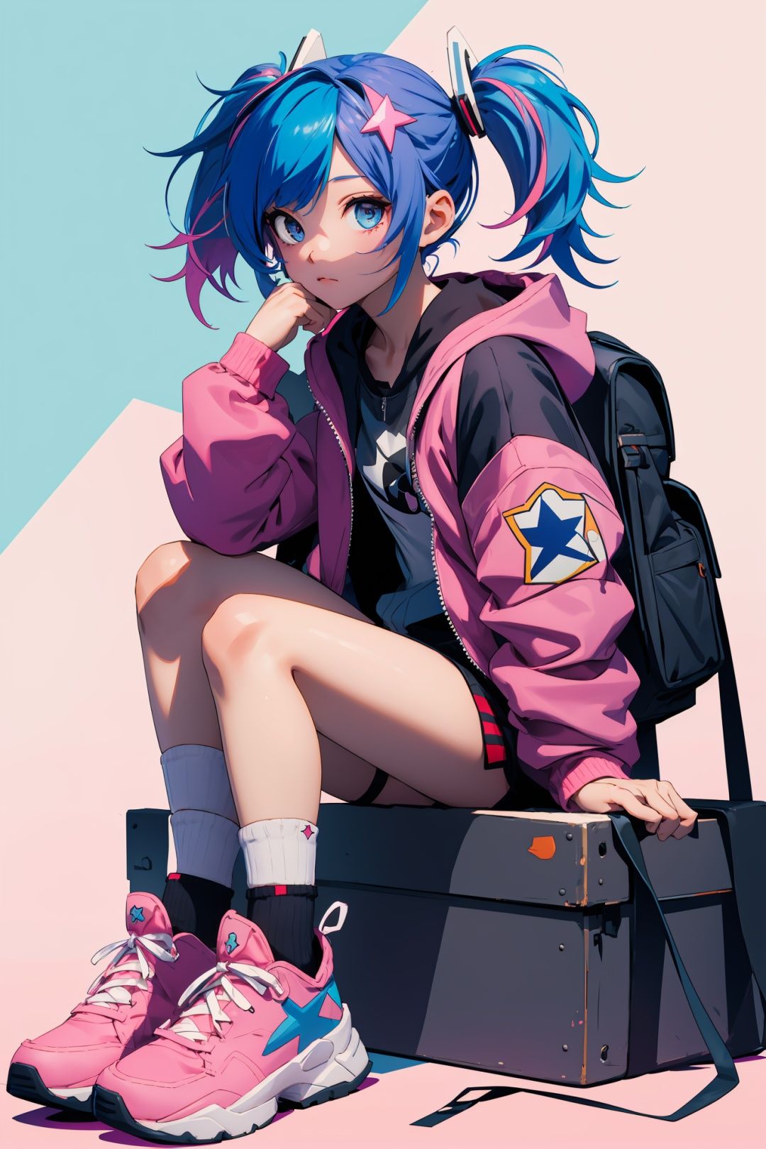 masterpiece, best quality, 8k, cinematic light, ultra high res, chibi, 1girl, bag, backpack, solo, multicolored hair, shorts, star \, (symbol\), blue hair, hood, sitting, pink hair, star hair ornament, head rest, socks, pink footwear, black shorts, hair ornament, full body, boots, bandaid, gradient, twintails, jacket