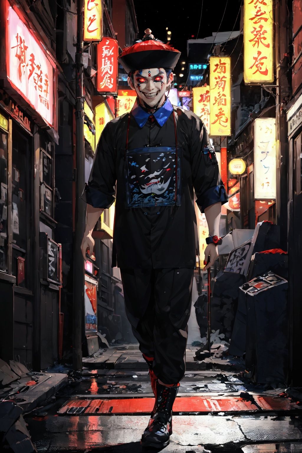 ((masterpiece)),((best quality)),8k,high detailed,ultra-detailed,upper body,((huangfu paper on head)),1boy,jiangshi costume,painted face,makeup,glowing red eyes,<lora:QDjiangshi:0.75>,((urban comedy scene)),(full-body portrait),(comical pose),(evil grin),(neon lights),(colorful atmosphere),(dynamic visual effects),Pixar style,In an urban comedy club,a male Jiangshi takes the stage for stand-up comedy. The comical pose and evil grin contrast with the neon-lit,colorful atmosphere,enhanced by dynamic visual effects in Pixar style,<lora:coloricher:0.5>,