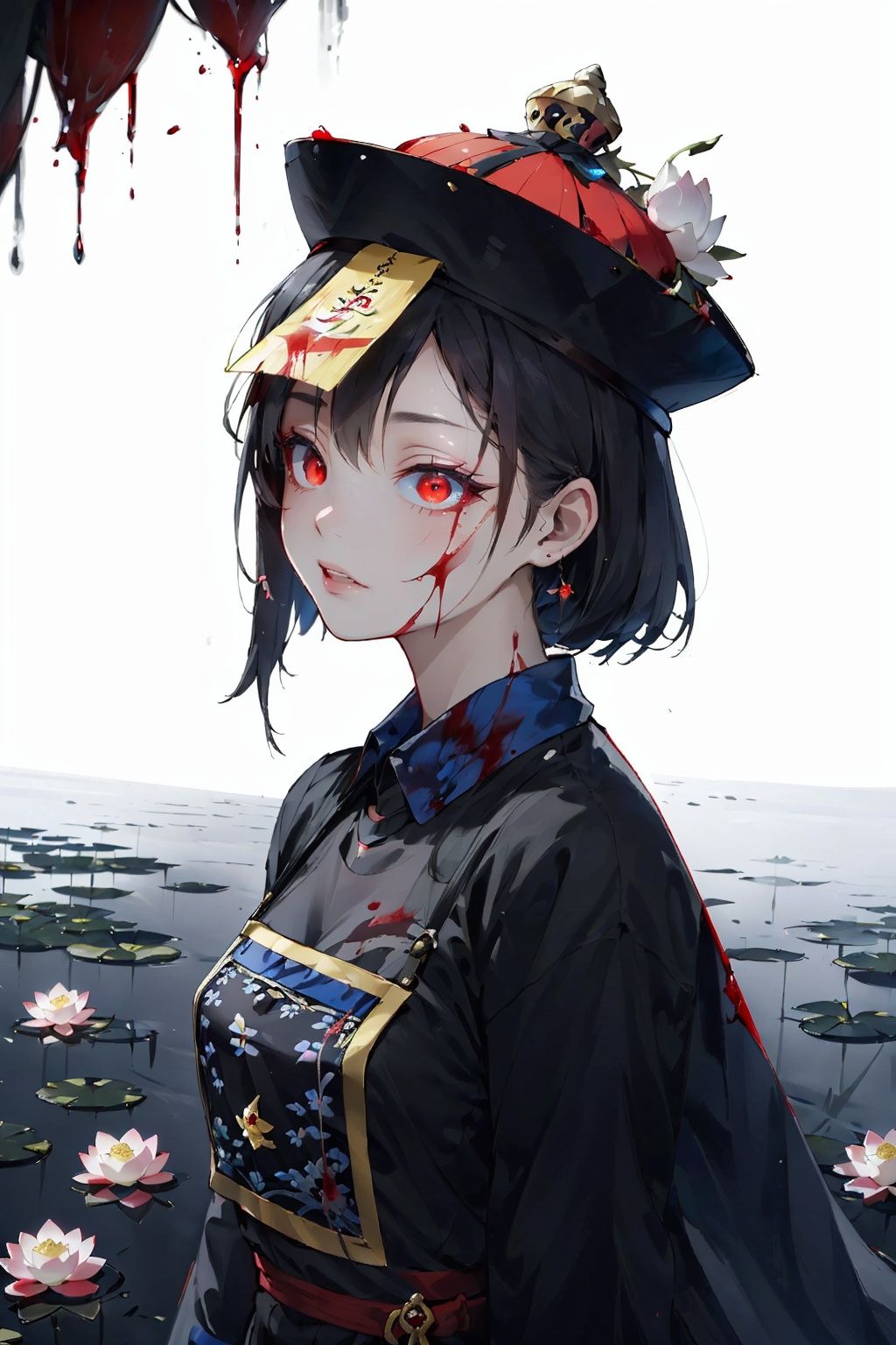 ((masterpiece)),((best quality)),8k,high detailed,ultra-detailed,upper body,((huangfu paper)),1girl,jiangshigirl costume,<lora:QDjiangshi:0.75>,(blood-red eyes)),painted face,stands by a moonlit well,with glowing eyes,floats above a field of lotus flowers. The surreal scene blends elements of traditional folklore with a fantastical dreamscape,creating an otherworldly and serene ambiance. ((floating:1.2)),(dreamlike),(lotus field),Unreal Engine rendering,exploring the intersection of dreams and the supernatural.