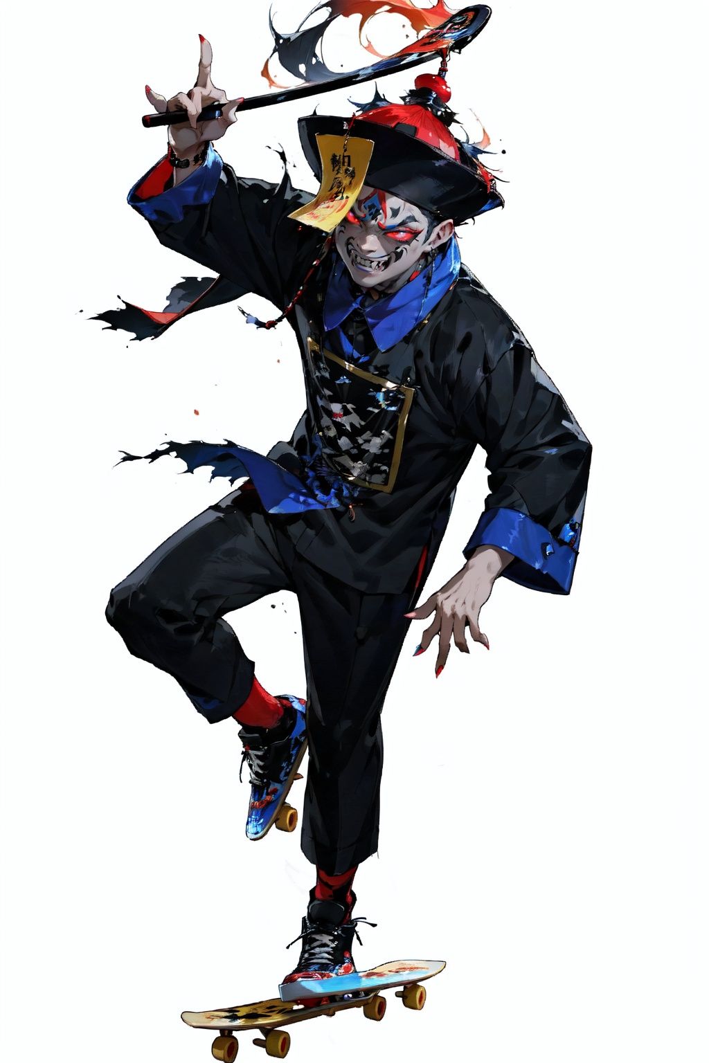 ((masterpiece)),((best quality)),8k,high detailed,ultra-detailed,upper body,((huangfu paper on head)),1boy,jiangshi costume,painted face,makeup,glowing red eyes, fangs, <lora:QDjiangshi:0.8>,((karaoke bar)),((skatepark)),(full-body portrait),(skateboarding pose),(sinister grin),(urban color palette),(dynamic motion blur),(punk rock atmosphere),In a vibrant skatepark,a male Jiangshi showcases skateboarding skills with a sinister grin. The urban color palette and dynamic motion blur create a punk rock atmosphere,<lora:coloricher:0.5>,