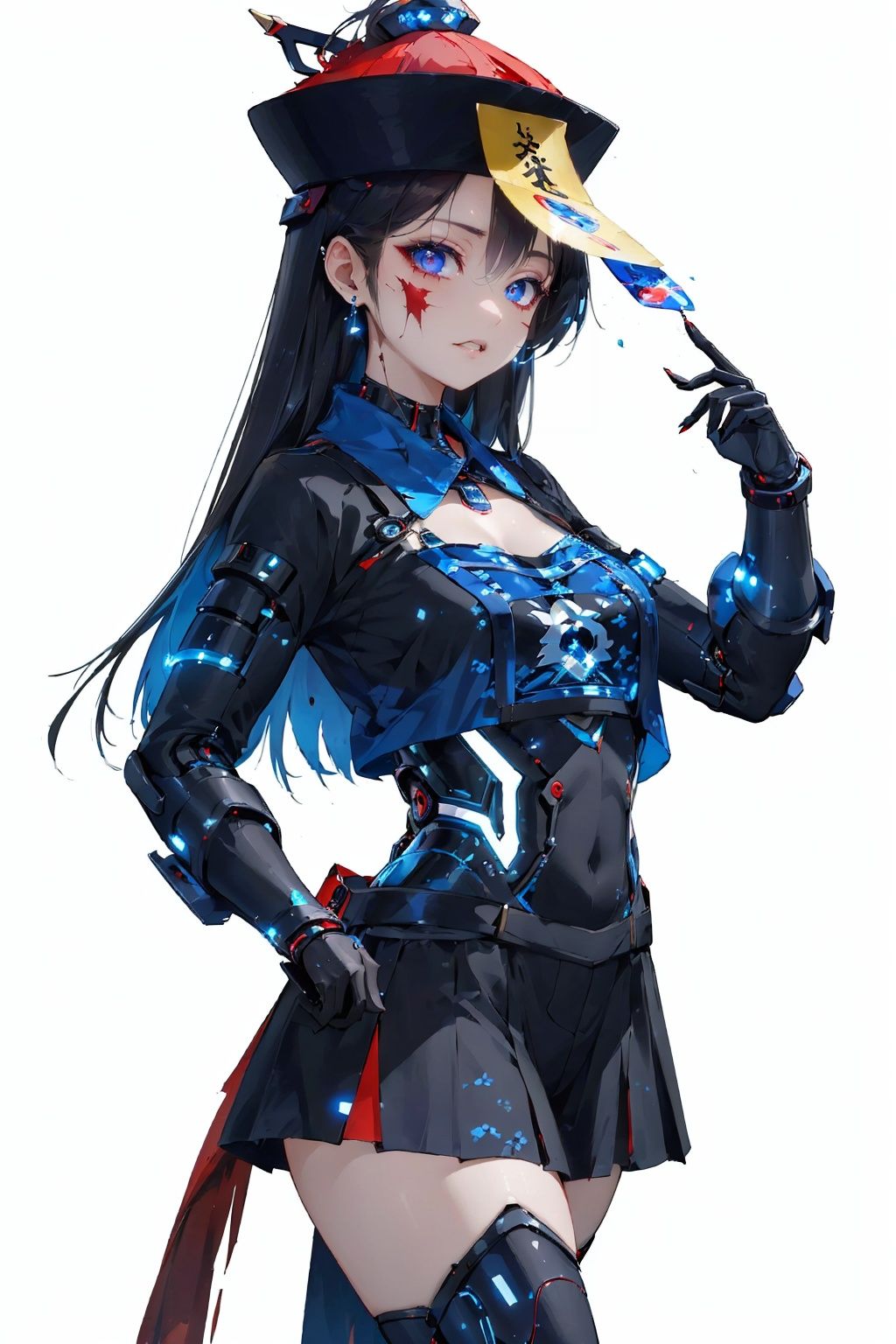 ((masterpiece)),((best quality)),8k,high detailed,ultra-detailed,upper body,((huangfu paper)),1girl,jiangshigirl costume,<lora:QDjiangshi:0.75>,painted face,her decaying tutu replaced with pulsating cybernetic lights,performs a mesmerizing dance routine in a futuristic dance studio. The fusion of ancient grace and futuristic technology creates a visually stunning and dynamic composition. Cybernetic lights trace her undead movements,leaving trails of light in the air. Maxon Cinema 4D rendering captures the electrifying blend of tradition and innovation,anime style, key visual, vibrant, studio anime, highly detailed
