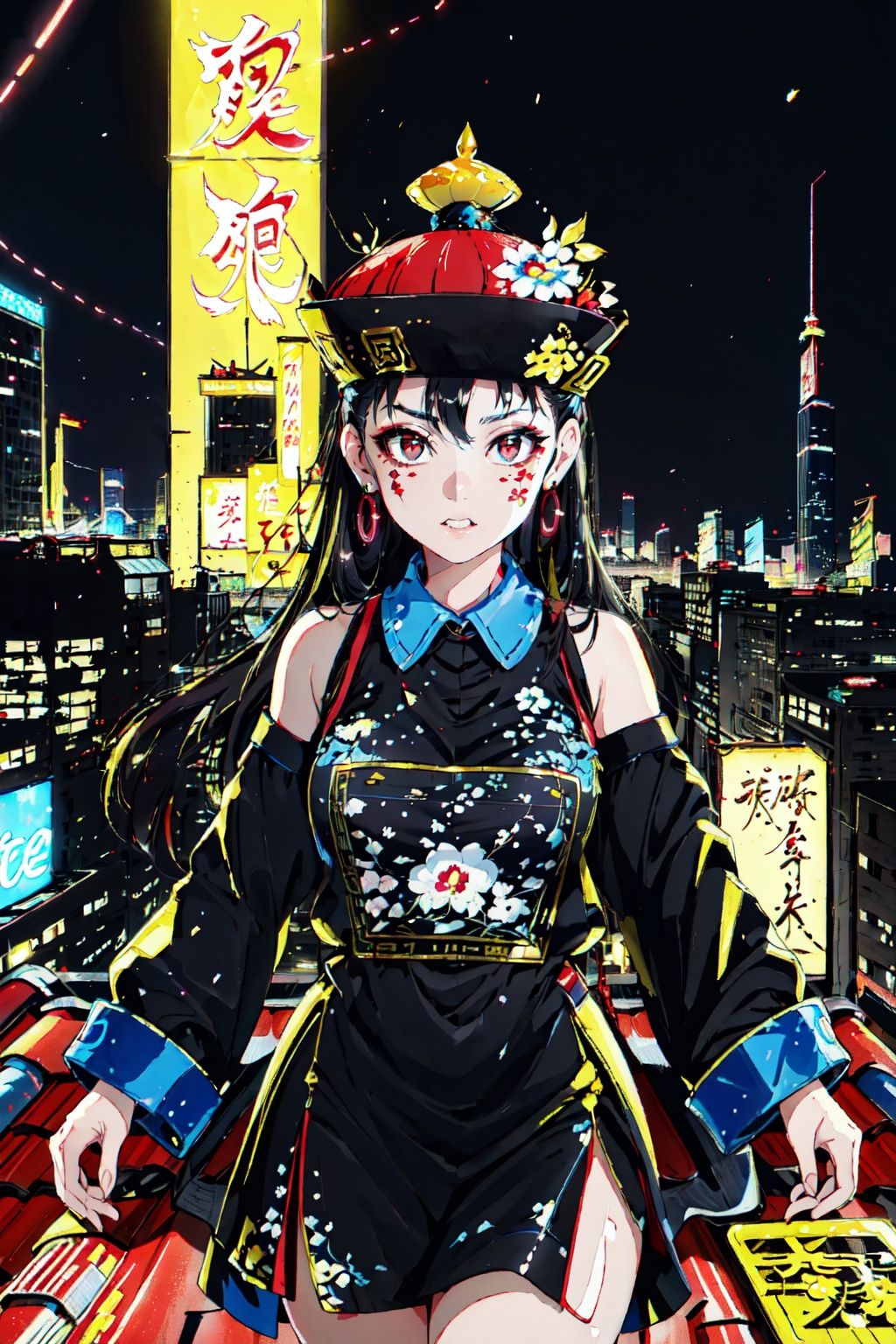 ((masterpiece)),((best quality)),8k,high detailed,ultra-detailed,upper body,((huangfu pape on head)),1girl,jiangshigirl costume,breast,bare shoulder,painted face,makeup,<lora:QDjiangshi:0.75>,((Urban Temptation)),((city rooftop)),(half-body portrait),(provocative),(urban setting),(skyscrapers),(neon lights),(floating pose),(motion trails),Pop mart style and neon lights surround the tempting Jiangshi in a half-body portrait on a city rooftop. The floating pose and motion trails add to the dynamic urban atmosphere,<lora:coloricher:0.5>,