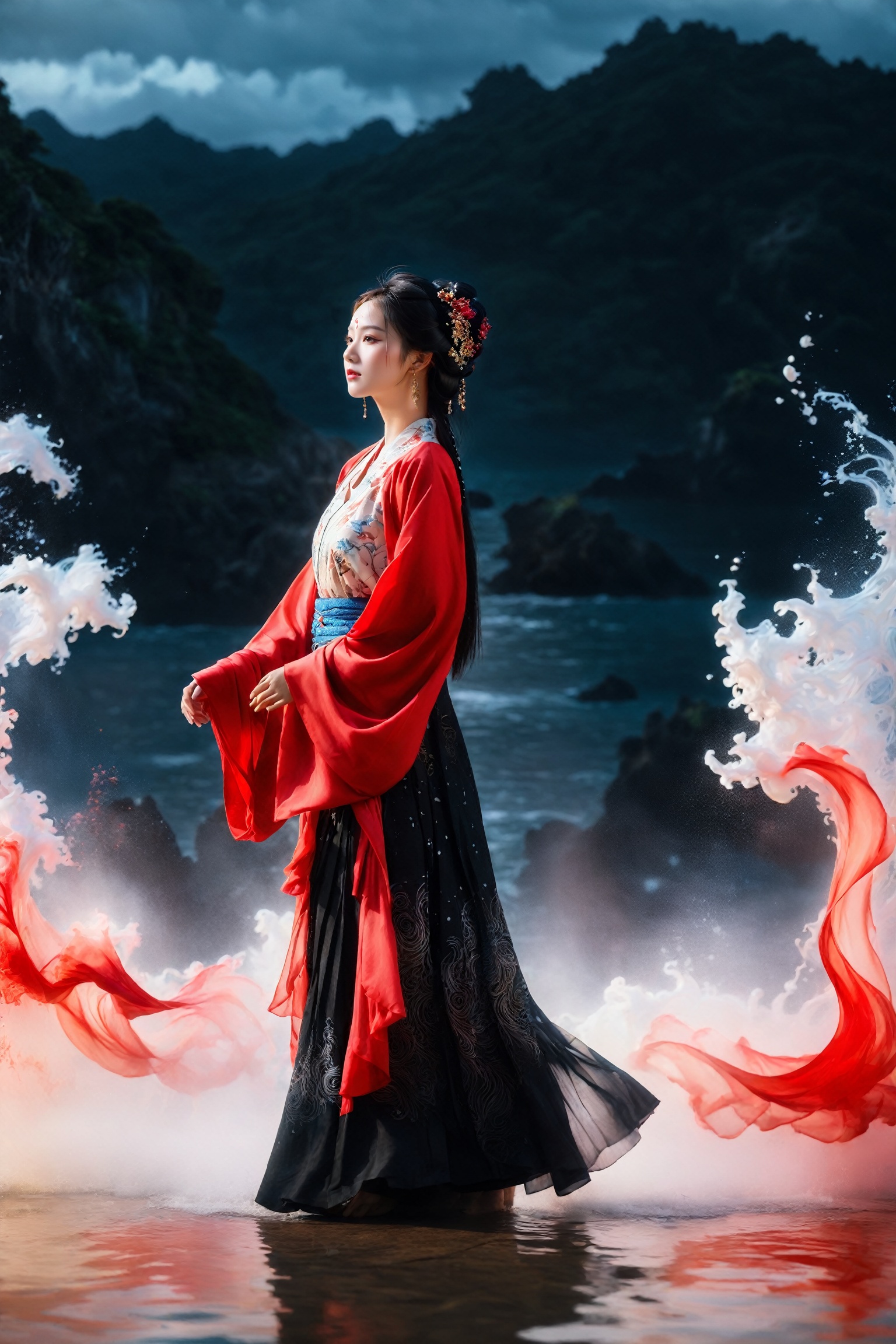 A poetic photography capturing a girl in elegant jin clothes,  surrounded by swirling ink fluid effects. The girl's attire...