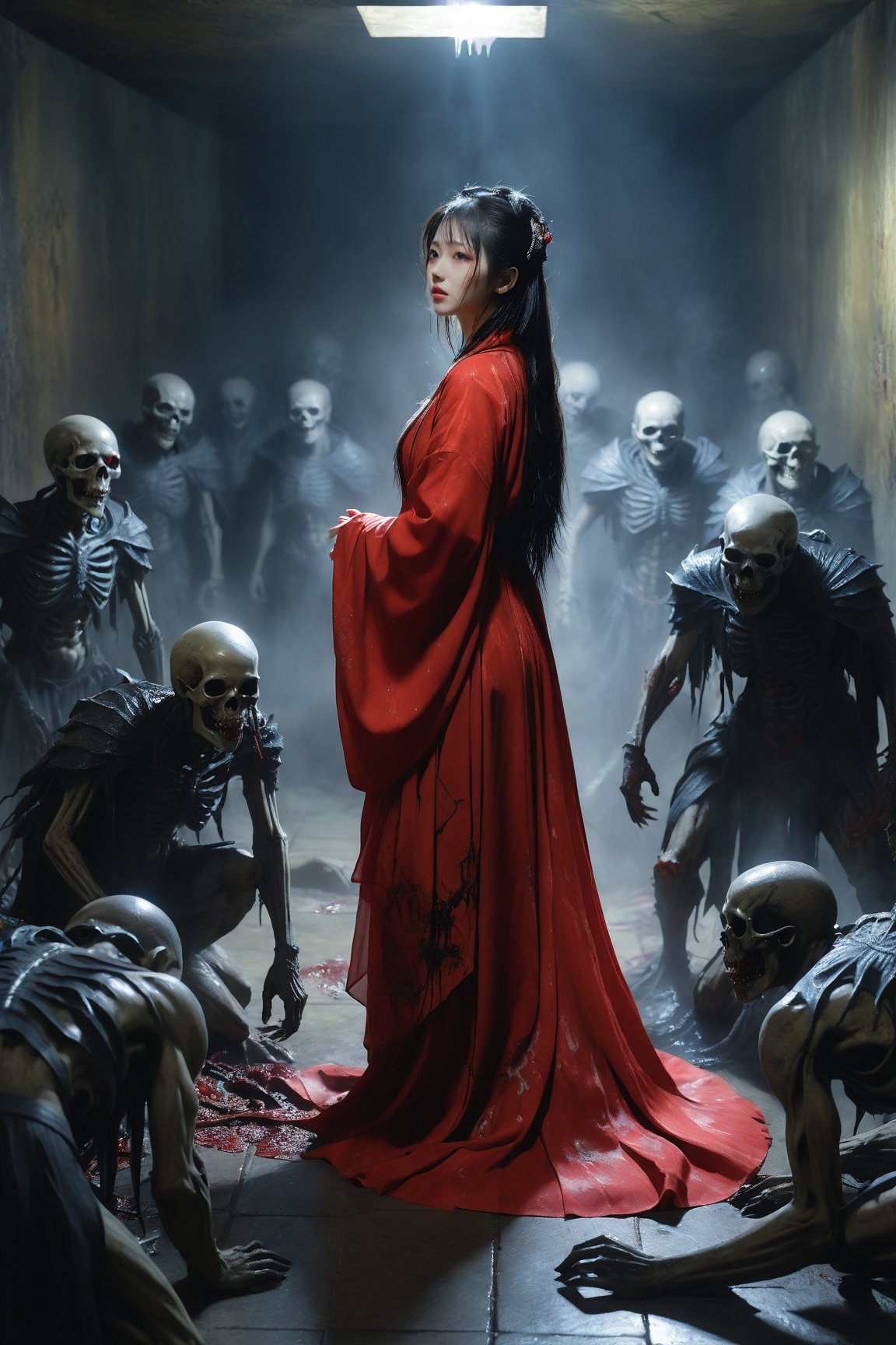 Create a spectral woman with a ,  red Hanfu,  Hell on Tensor.Art