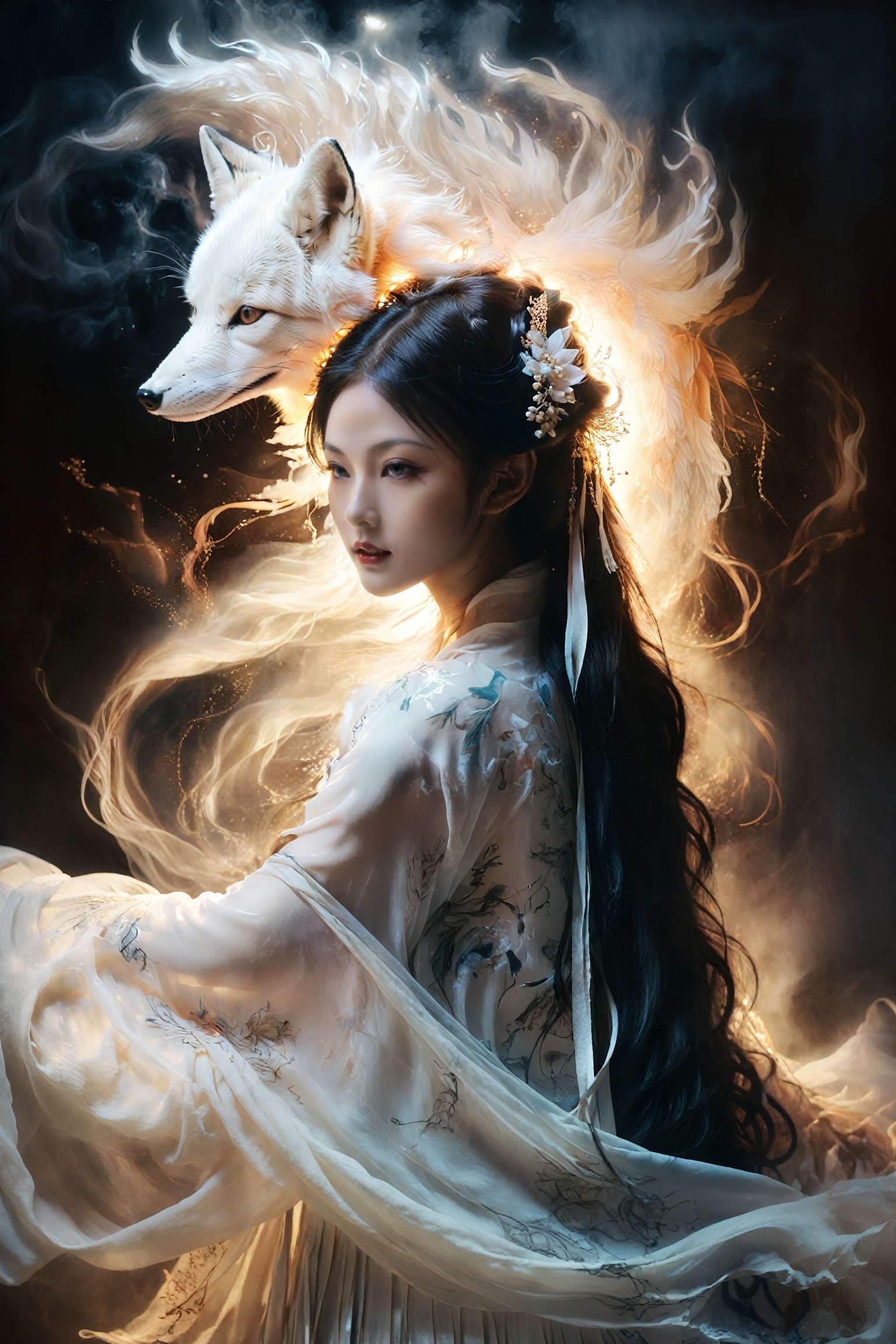 Dim prompt As String = "Artistic Image Types: {A mesmerizing portrayal of a female nine-tailed fox spirit in a mystical do...