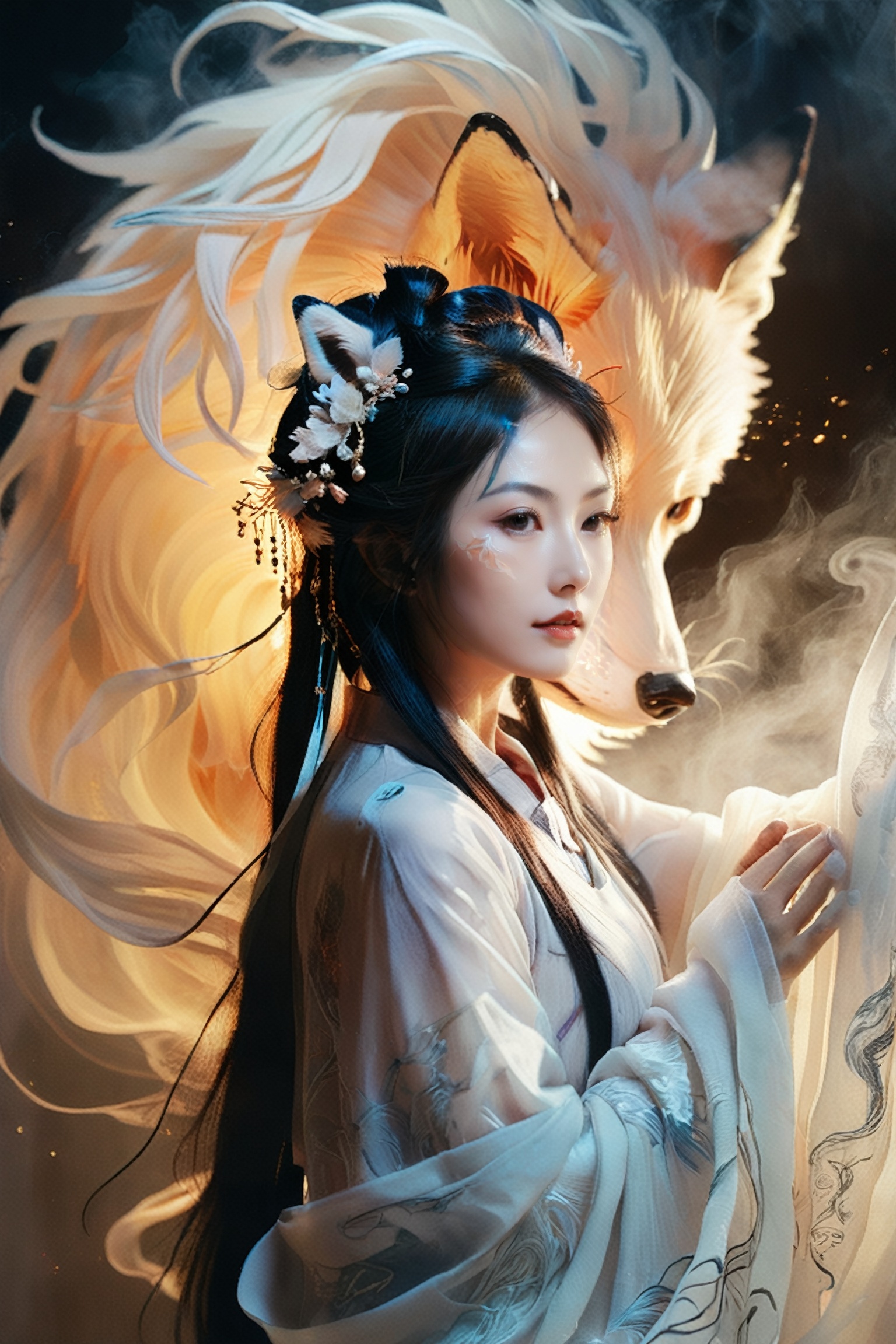 Dim prompt As String = "Artistic Image Types: {A mesmerizing portrayal of a female nine-tailed fox spirit in a mystical do...