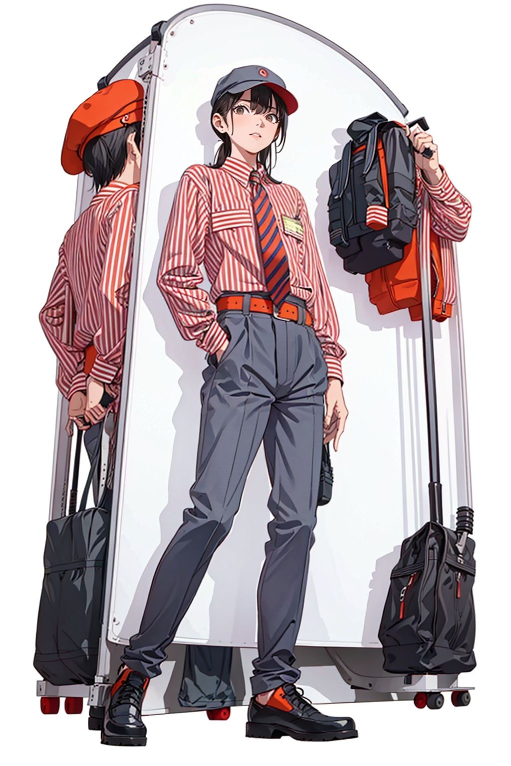 (masterpiece:1.3), (the best quality:1.2), (super fine illustrations:1.2), (Masterpiece), high quality, high detail,((white background:1.2)), looking at viewer, (SOLO:1.4),outline,,simple background,necktie, employee uniform, shoes, belt, suit, uniform,vertical-striped shirt, striped shirt, pinstripe suit, pants, shirt, striped, hat, 