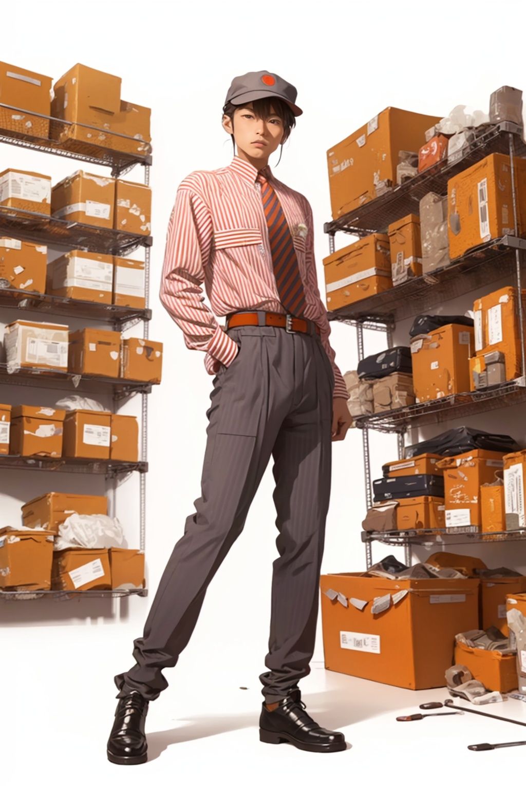 (masterpiece:1.3), (the best quality:1.2), (super fine illustrations:1.2), (Masterpiece), high quality, high detail,((white background:1.2)), looking at viewer, (SOLO:1.4),outline,,simple background,necktie, employee uniform, shoes, belt, suit, uniform,vertical-striped shirt, striped shirt, pinstripe suit, pants, shirt, striped, hat, 