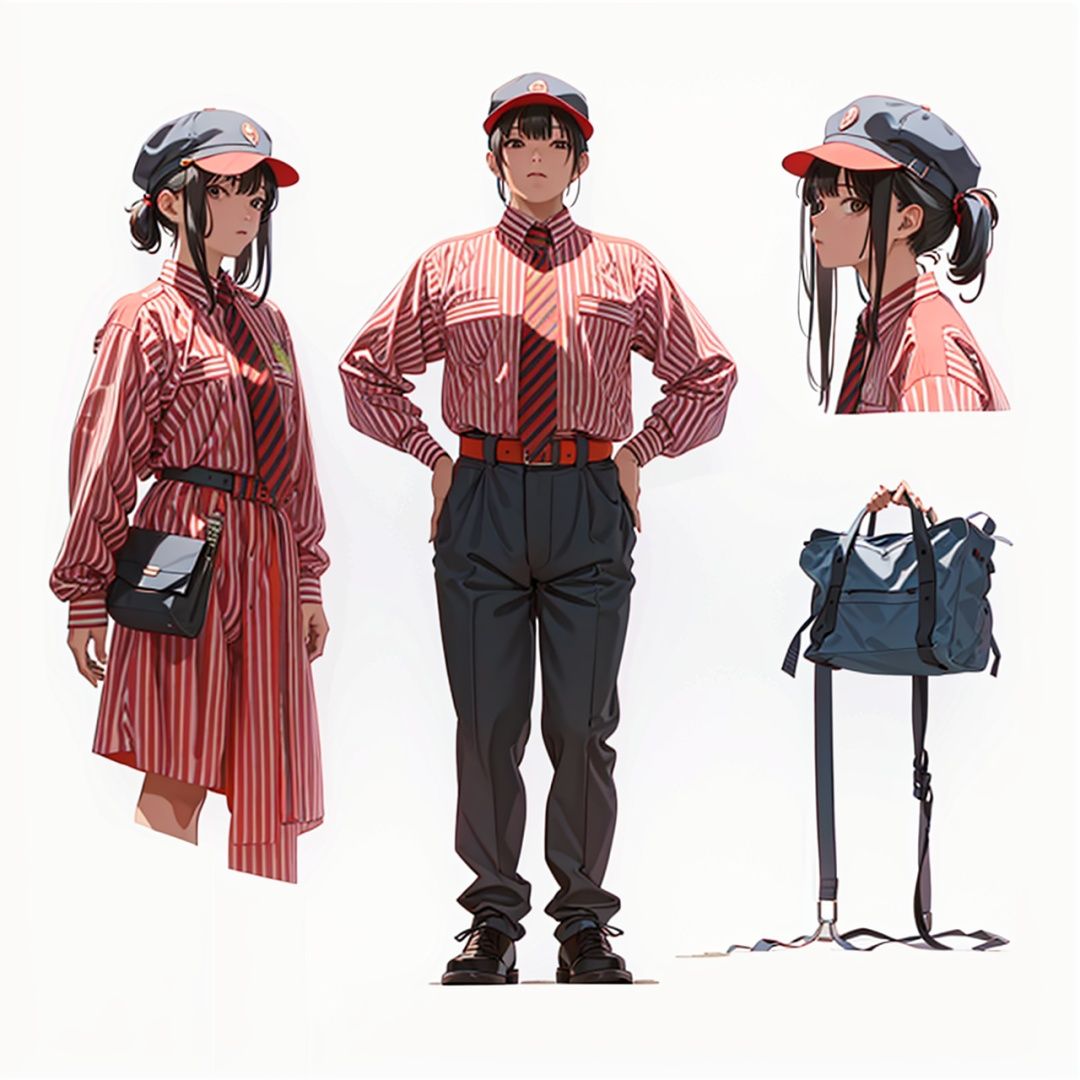 (masterpiece:1.3), (the best quality:1.2), (super fine illustrations:1.2), (Masterpiece), high quality, high detail,((white background:1.2)), looking at viewer, (SOLO:1.4),outline,,simple background,necktie, employee uniform, shoes, belt, suit, uniform,vertical-striped shirt, striped shirt, pinstripe suit, pants, shirt, striped, hat,