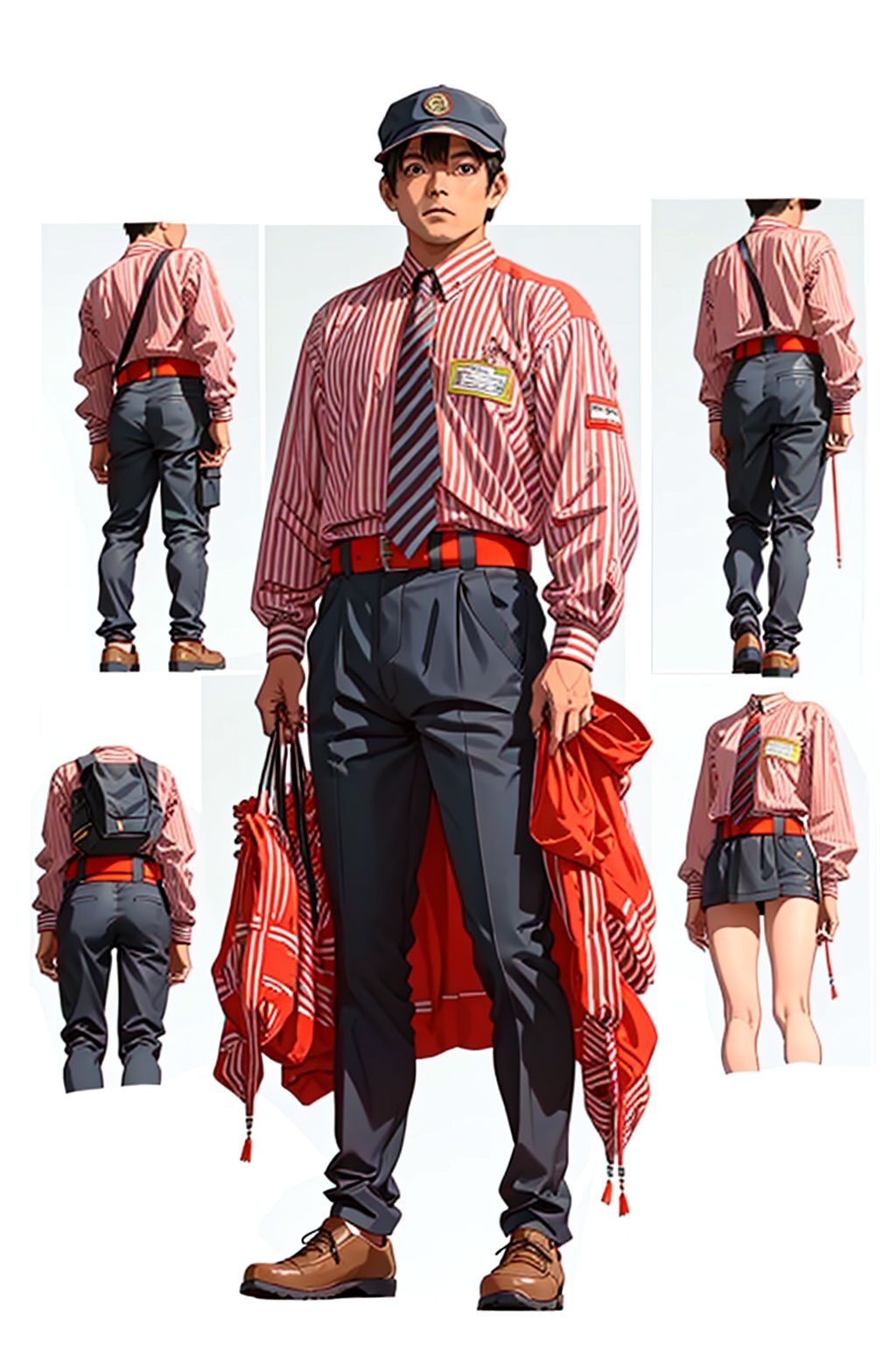 (masterpiece:1.3), (the best quality:1.2), (super fine illustrations:1.2), (Masterpiece), high quality, high detail,((white background:1.2)), looking at viewer, (SOLO:1.4),outline,,simple background,necktie, employee uniform, shoes, belt, suit, uniform,vertical-striped shirt, striped shirt, pinstripe suit, pants, shirt, striped, hat,