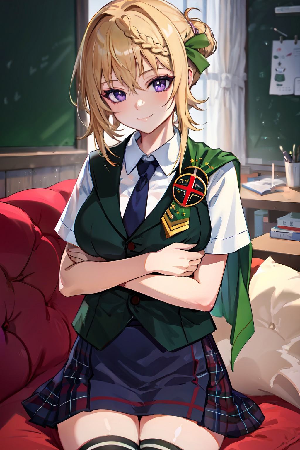 (masterpiece, best quality:1.3), (ultra-detailed), {illustration, studio light, picturesque}, [best shadow],(KusadaCSA), (AlphaCDE)_(GammaCDE),BREAK(perfect anatomy), (symmetric eyes, ultra-detailed eyes, beautiful eyes), (sharp eyeliner, ultra-detailed face, beautiful face), (purple eyes),BREAKnice hands, perfect hands, hand by Guido Daniele,BREAK1girl, solo,BREAKPerthKC, school uniform, (white) short sleeves, shirt, (green) vest, (blue) pleated dress skirt, plaid, (blue) necktie, (green) thighhighs, ribbon, badge, (green) cape, cloak,BREAKlooking at viewer, cowboy shot, facing to viewer, smile, (indoor, office, living room), sitting, sofa,BREAK<lyco:hands:1.0>, <lora:CDE:0.45>, <lora:CSA-sPack-07:0.3>, <lora:Perth-v0.1:0.8>