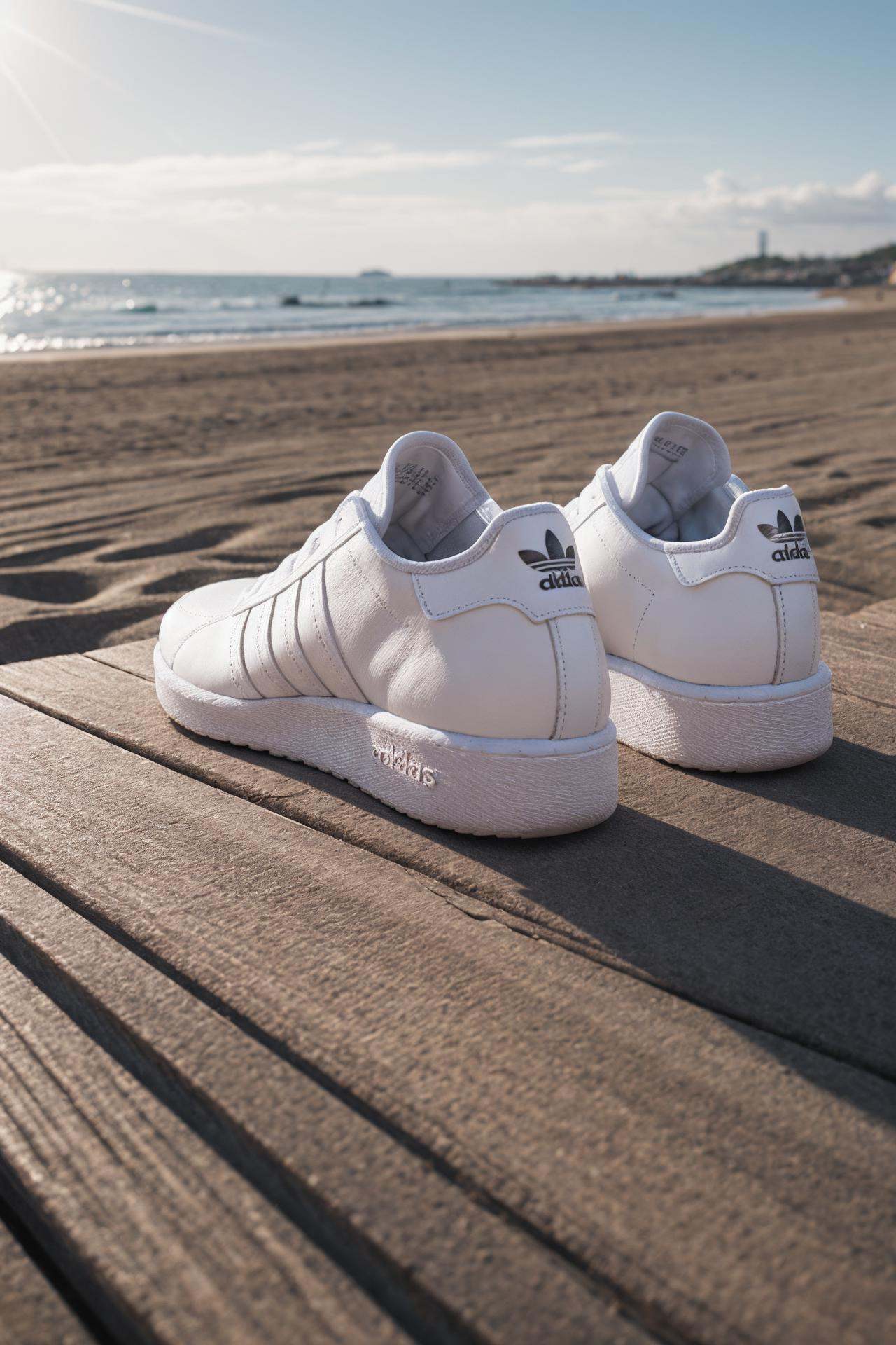 white adidas sneaker on a wooden table,  beach in background,  Bokeh on Tensor.Art