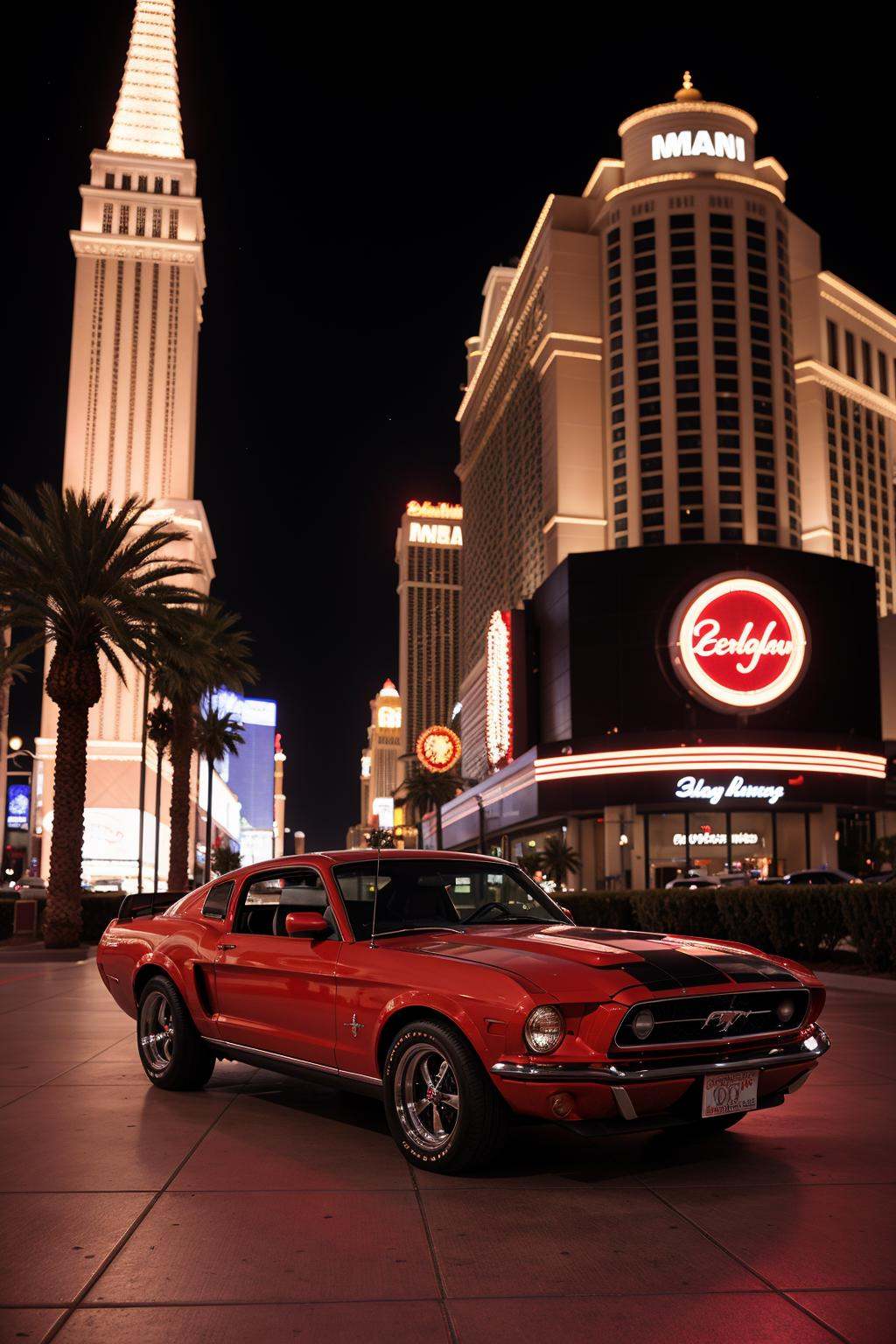 Photo of a classic red mustang car parked in las vegas strip at night on Tensor.Art