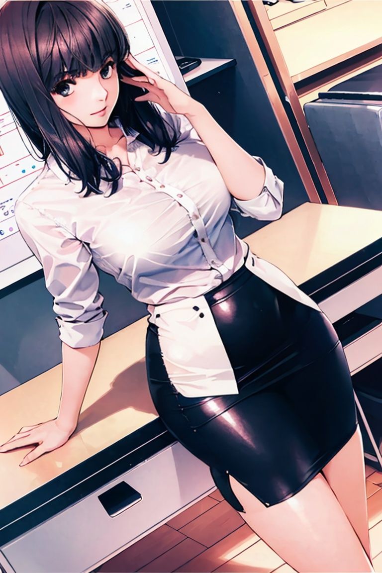 masterpiece,best quality,Miho Nanami, 1girl,  solo, skirt,  pencil skirt, sweatdrop, desk, long sleeves,  dress shirt, office lady,traditional media