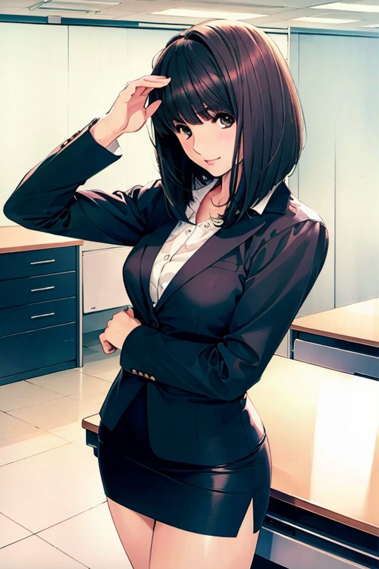 masterpiece,best quality,Miho Nanami, 1girl,  solo, skirt,  pencil skirt, sweatdrop, desk, long sleeves,  dress shirt, office lady,traditional media