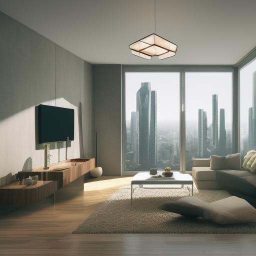 high resolution concept art of an apartment living room overlooking a large futuristic city with floor to ceiling windows...
