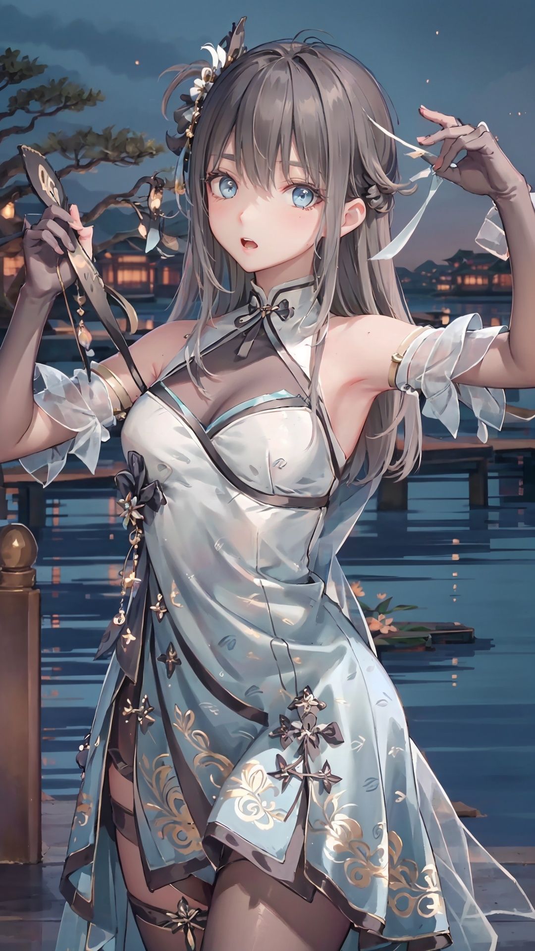 masterpiece,best quality,1girl, blue_eyes, bare shoulders, long hair, dress, ,cowboy shot, dynamic pose, dynamic angle