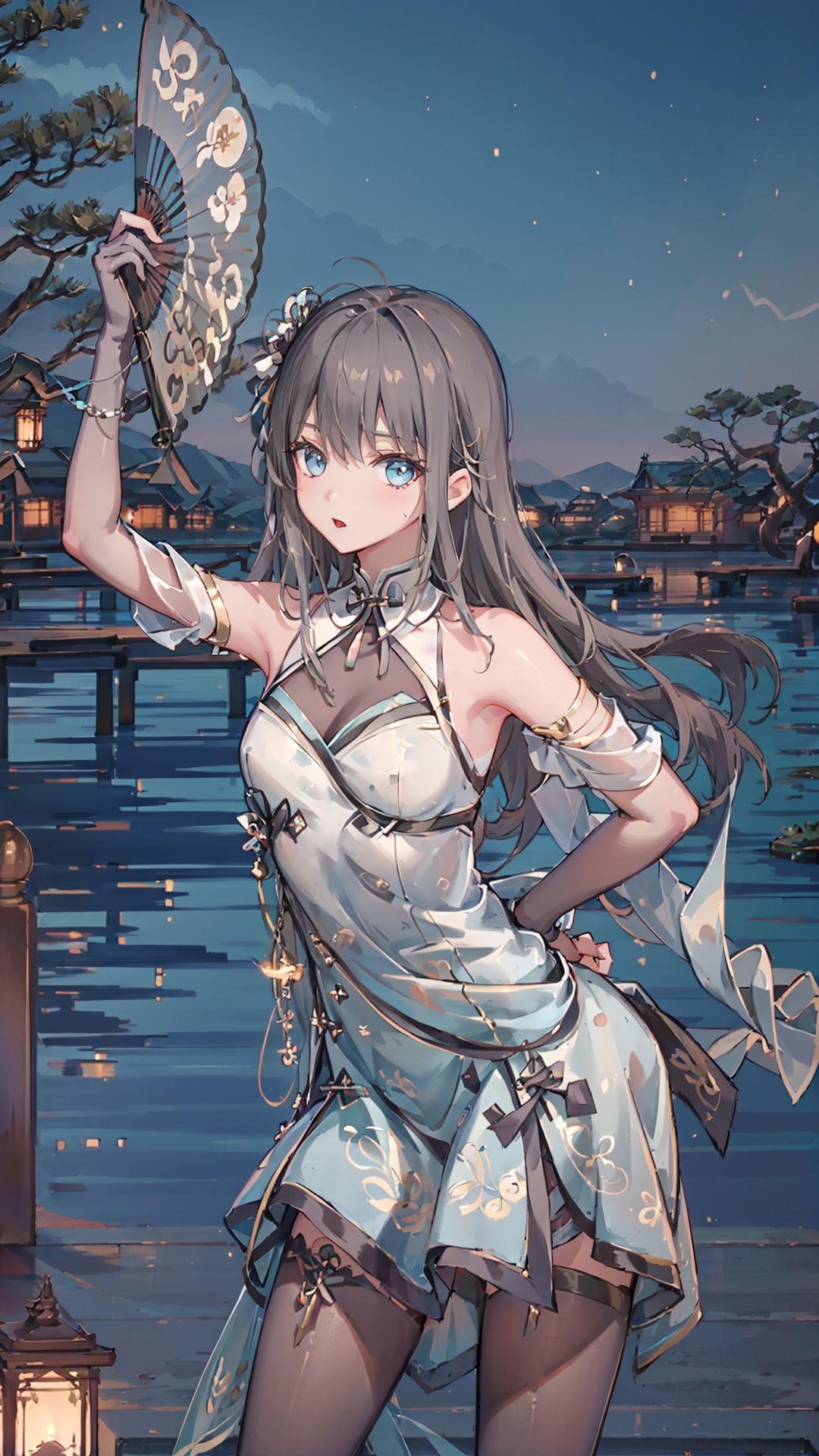 masterpiece,best quality,1girl, blue_eyes, bare shoulders, long hair, dress, elbow_gloves ,cowboy shot, dynamic pose, dynamic angle