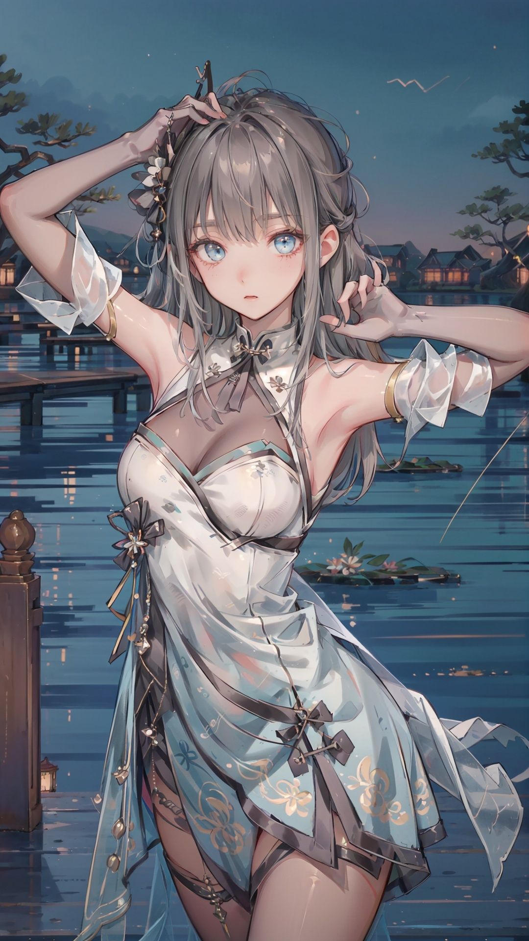 masterpiece,best quality,1girl, blue_eyes, bare shoulders, long hair, dress, elbow_gloves ,cowboy shot, dynamic pose, dynamic angle
