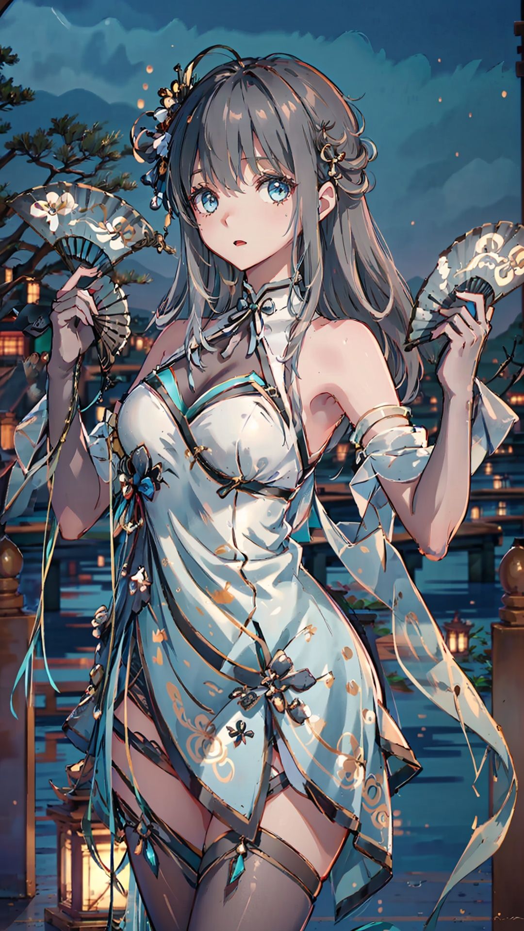 masterpiece,best quality,1girl, blue_eyes, bare shoulders, long hair, dress, elbow_gloves ,cowboy shot, dynamic pose, dynamic angle