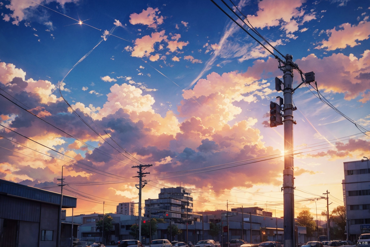  masterpiece,best quality,
power lines, scenery, bird, no humans, sky, outdoors, utility pole, cloud, sunset, building, cloudy sky, lens flare, city, signature,
,gesugao,,
