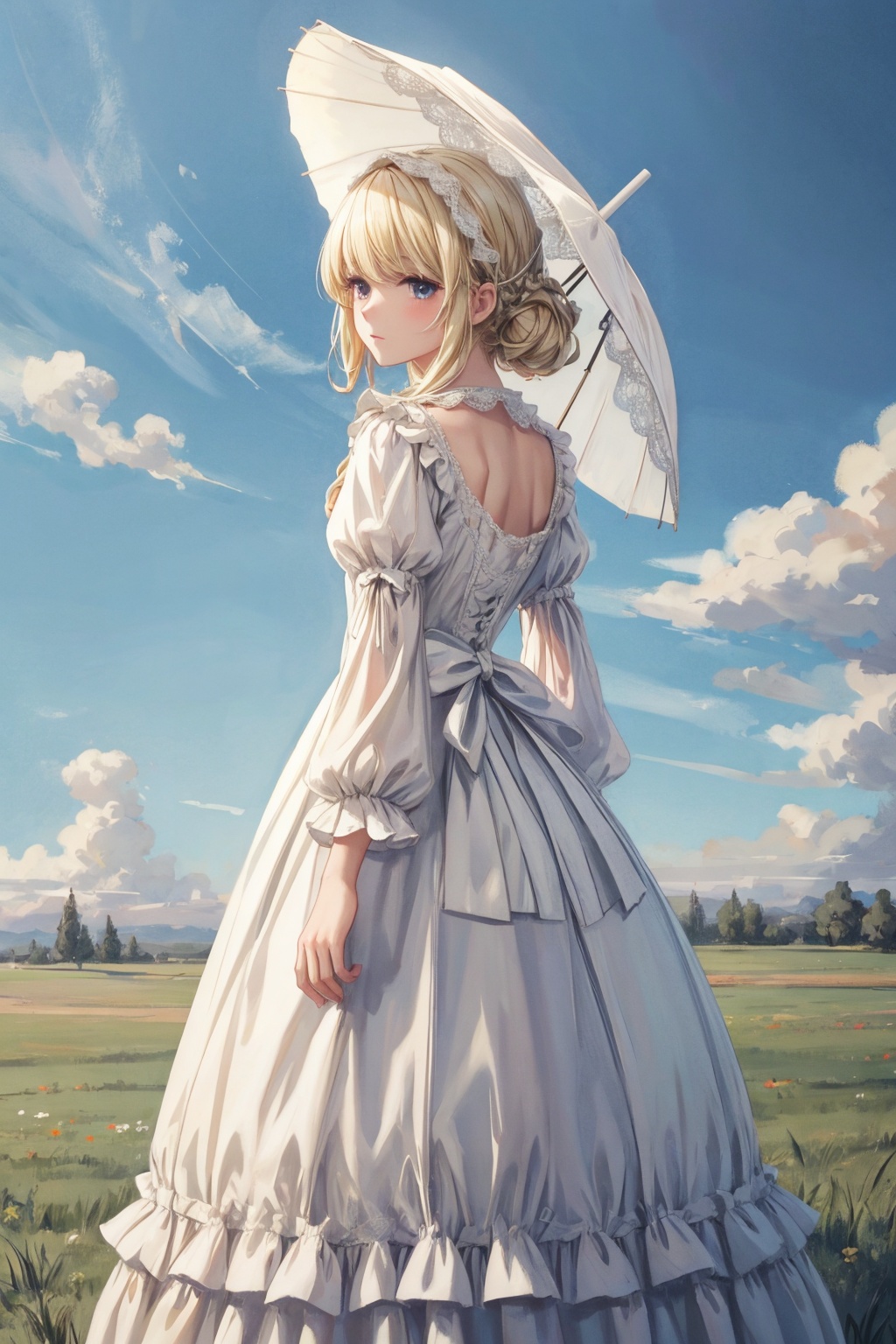  (oil paint:1),(Back Shadow:1),dark,realistic,{{solo}},lawn,white dress,parasol,holding parasol,hat,blonde hair,back,wind,painting (medium),cloudy sky,lolita fashion,cowboy shot,long dress,best quality,amazing quality,very aesthetic,absurdres,
