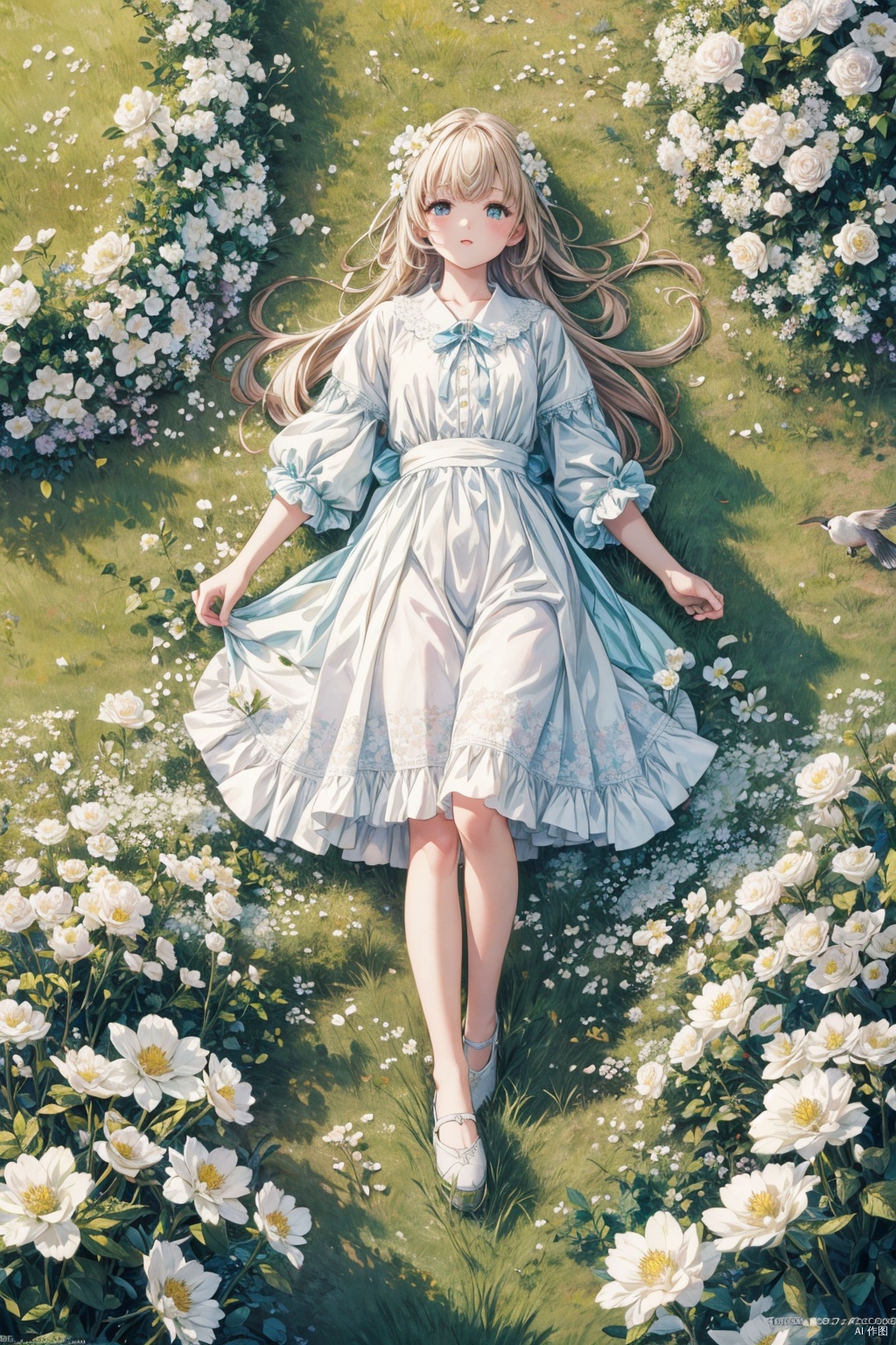  (official art, 8k wallpaper, ultra detailed, High quality, best quality),white flowers ,1girl,from above,bird's-eye_view,vintage filter,among flowers, backlight,limited_palette,white,field s of flowers




