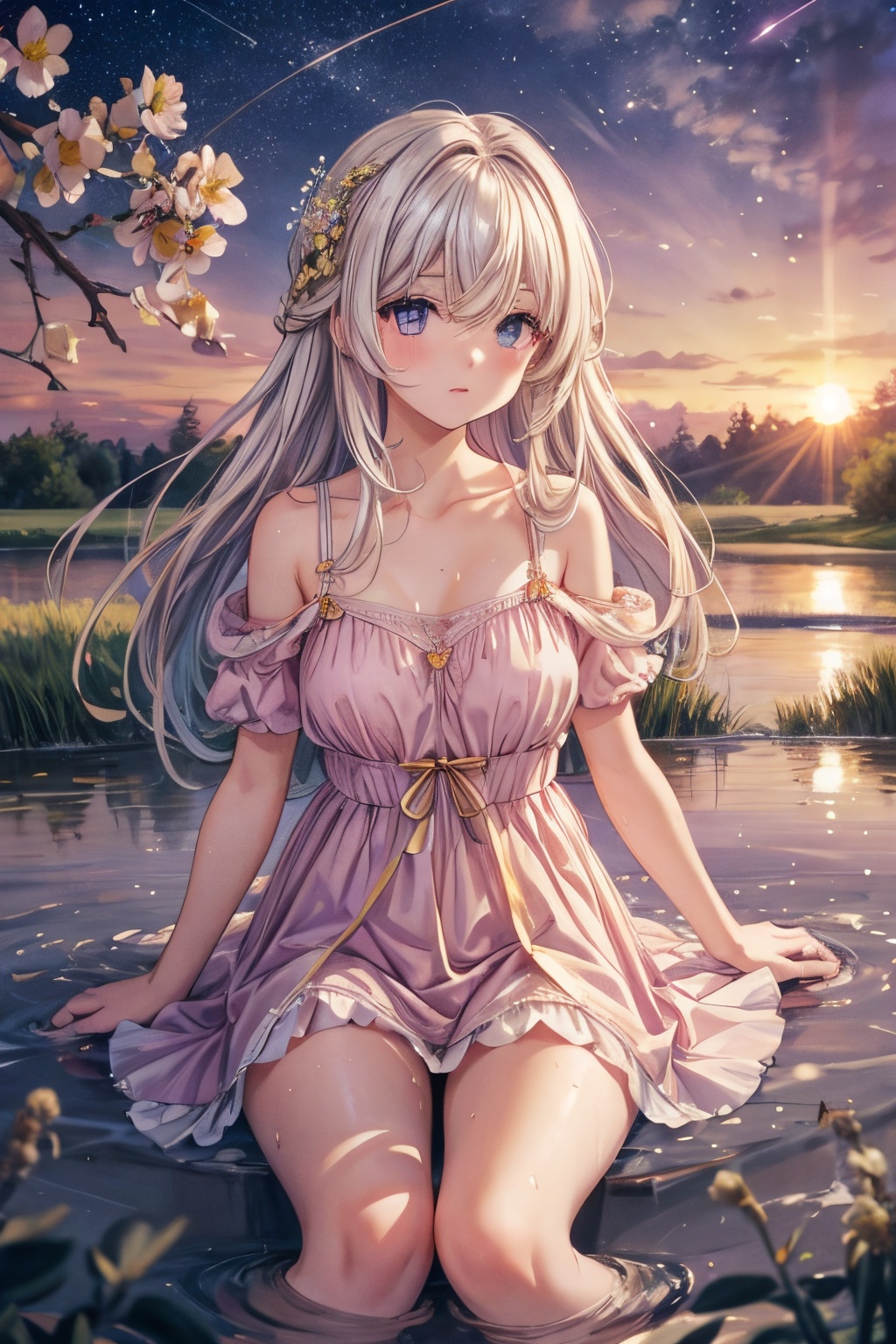  {{{masterpiece}}}, {{best quality}}, {{super fine illustration}}, {{beautiful and delicate water}}, {{beautiful and detailed eyes}, {very detailed light}, {perfect and delicate limbs}, {nature}, {painting}, {water bloom}, {delicate glow}, {{very fine 8KCG wallpaper}}, lavender eyes, peach pink pupils, whole body, white hair, luminous eyes, an extremely delicate and beautiful girl, (1 girl), medium chest circumference, dynamic angle, (Violet dress with gold decoration), (long hair floating everywhere), (beautiful hair decoration), (delicate wet dress), (nsfw), (breeze), long hair blown up, ((messy hair style)), (long bangs between eyes), wrinkled skirt, Flowers meadow, near the water edge, (((sunset)), (less stars form a circle), randomly distributed clouds, (rivers), (willows with branches falling into the water)