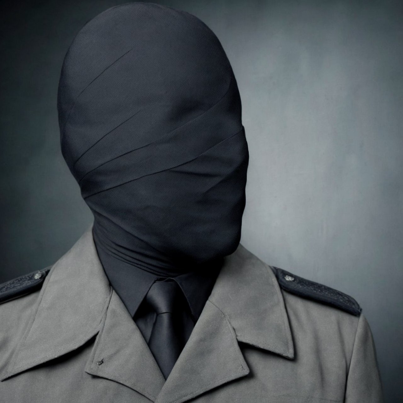 a photo group three man portrait man in military black cloth,  face covered with black cloth,  black bg on Tensor.Art