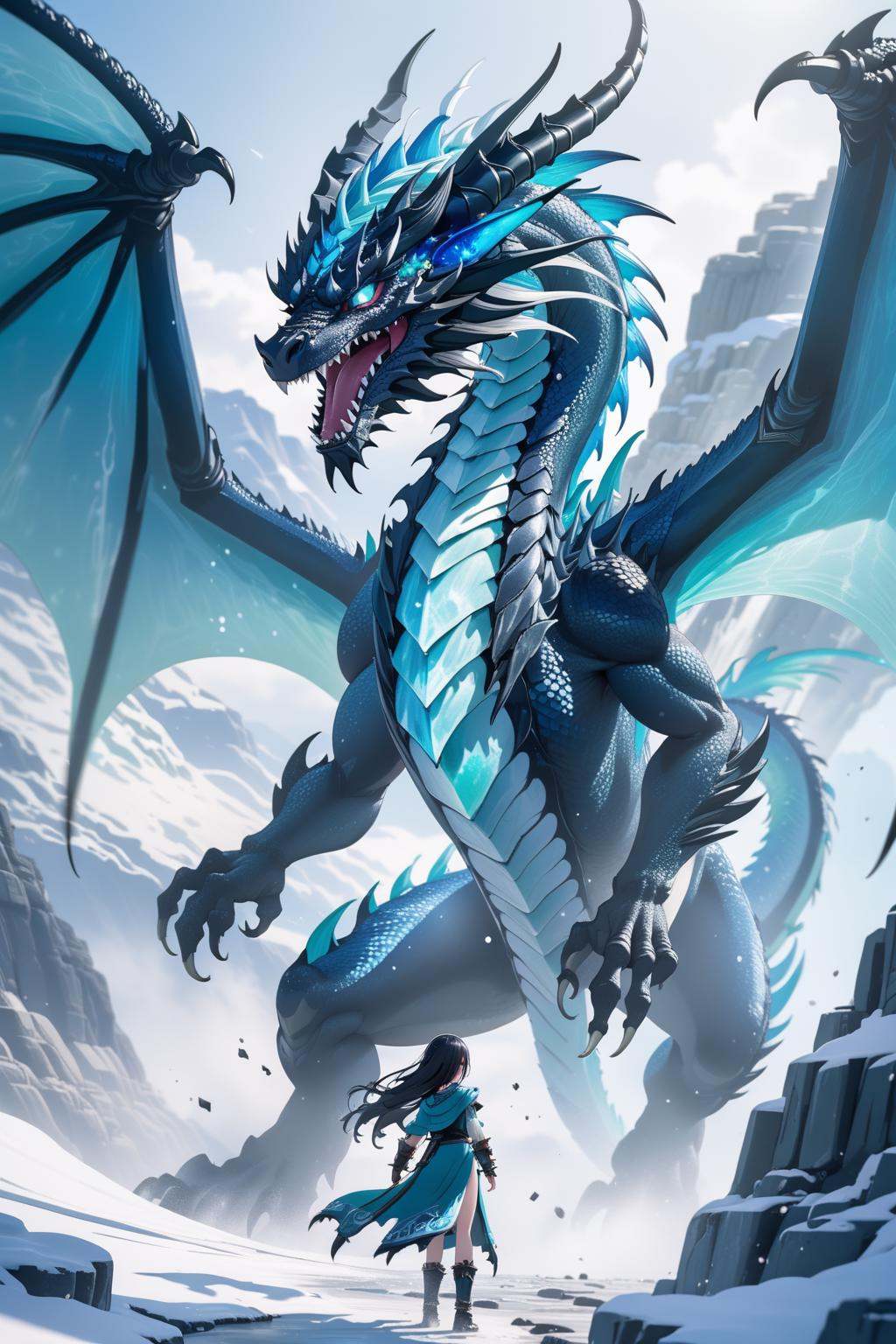 ancient ice dragon with girl in snow mountain,  dragon wings,  particles on Tensor.Art