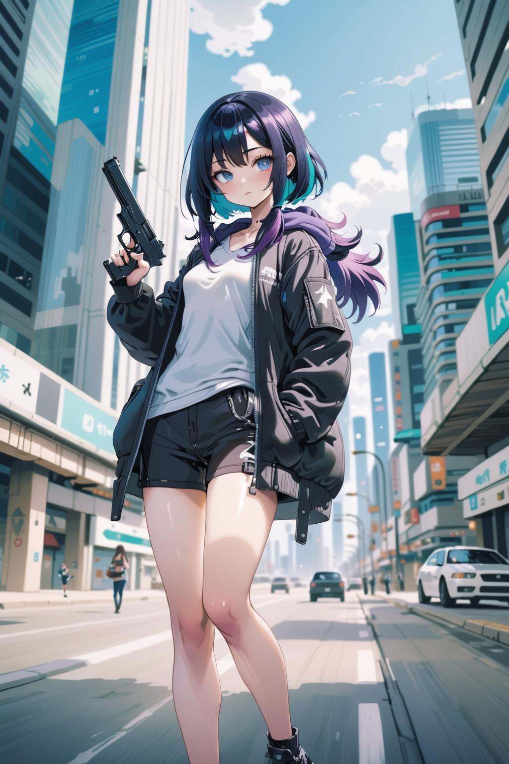 girl holding handgun,  aiming at viewer,  city on Tensor.Art