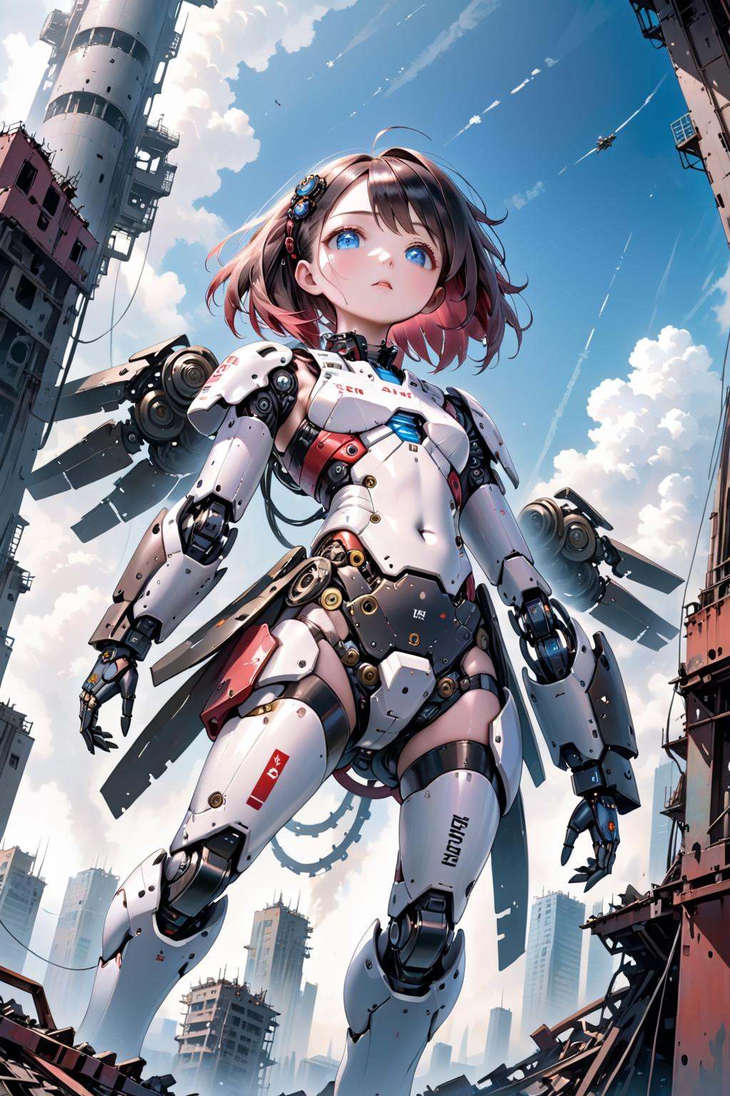 mechanical android girl looking up the sky,  apocalyptic,  science fiction on Tensor.Art