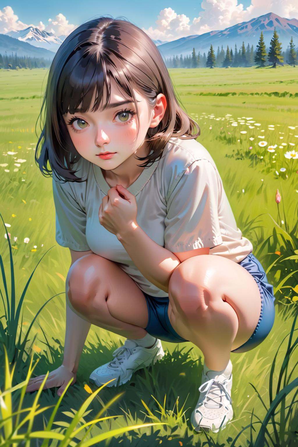 girl squatting in grass field on Tensor.Art