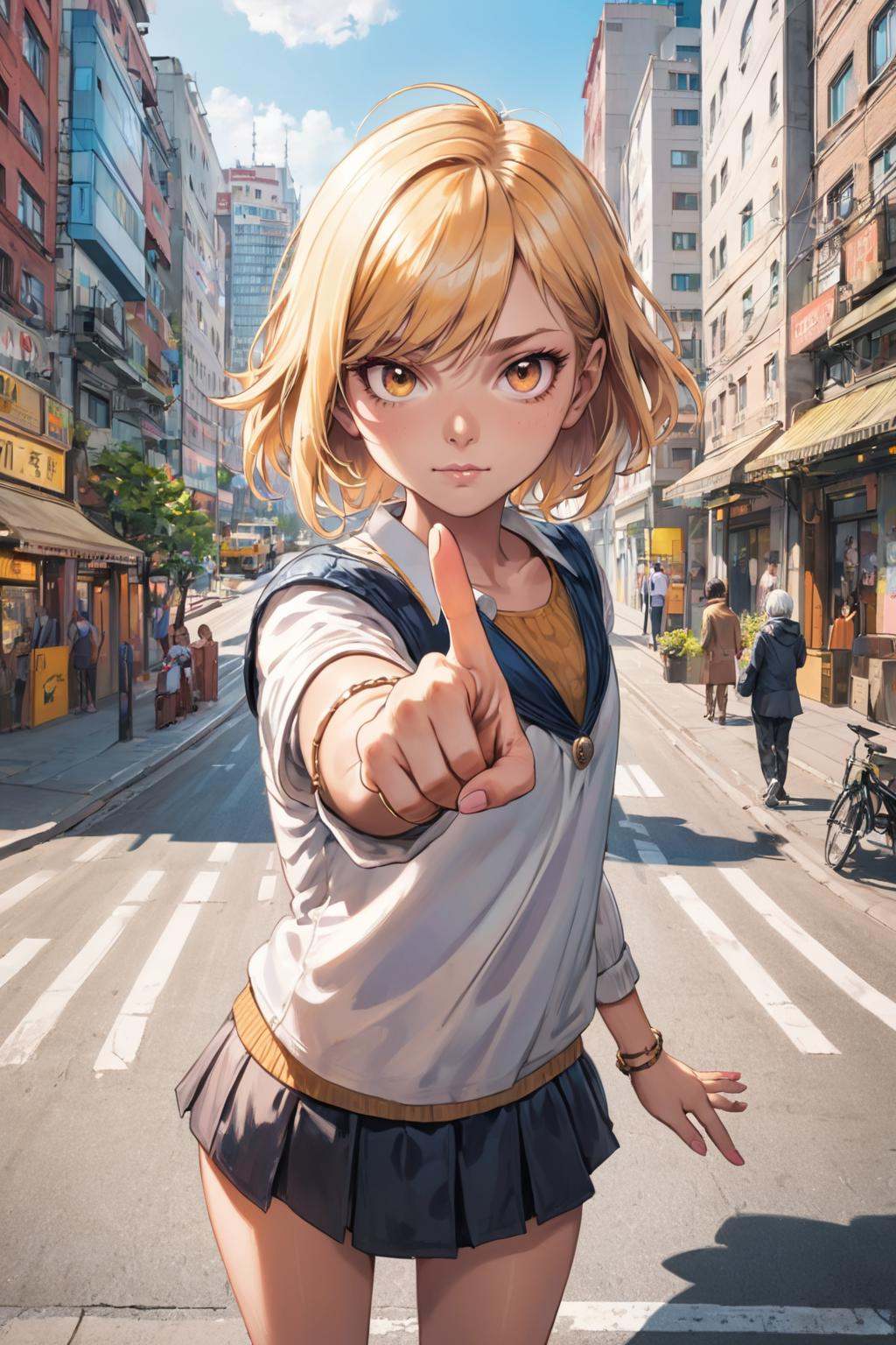 girl pointing at viewer in city on Tensor.Art