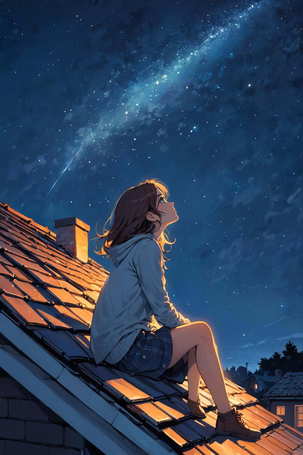 girl sitting on roof under the starry sky looking up at the sky,  profile on Tensor.Art