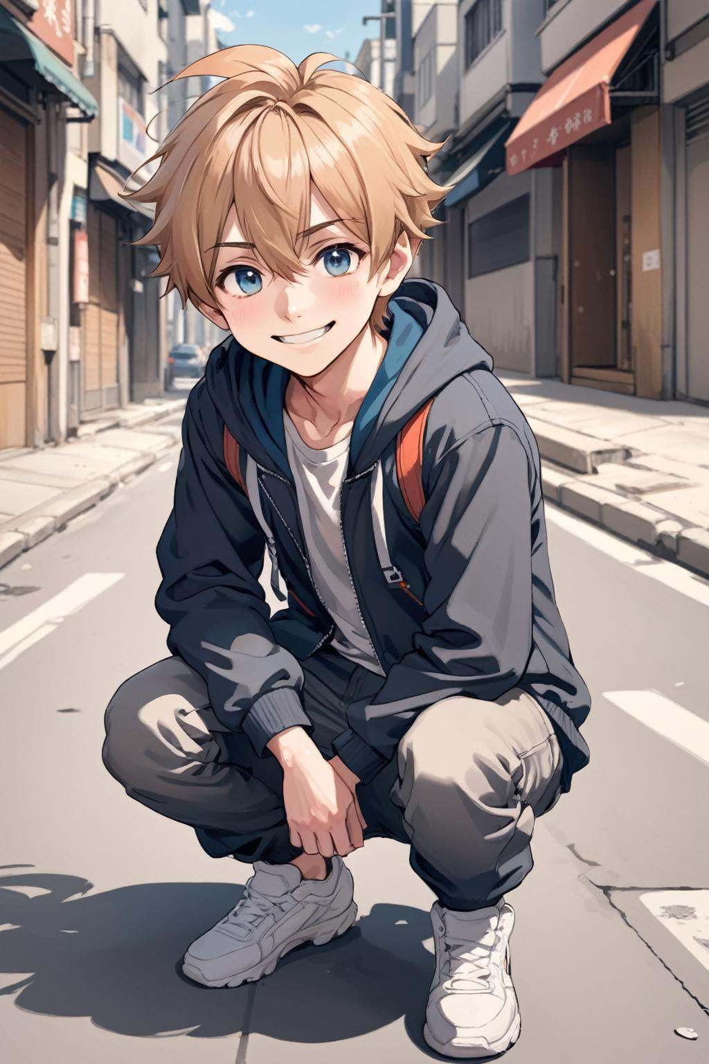 cute anime boy squatting on street with mischievous smile on Tensor.Art