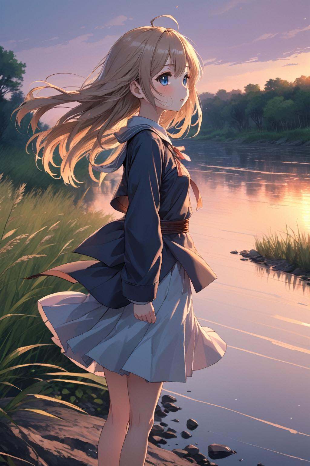 anime girl feeling the wind on the riverbank at dusk on Tensor.Art