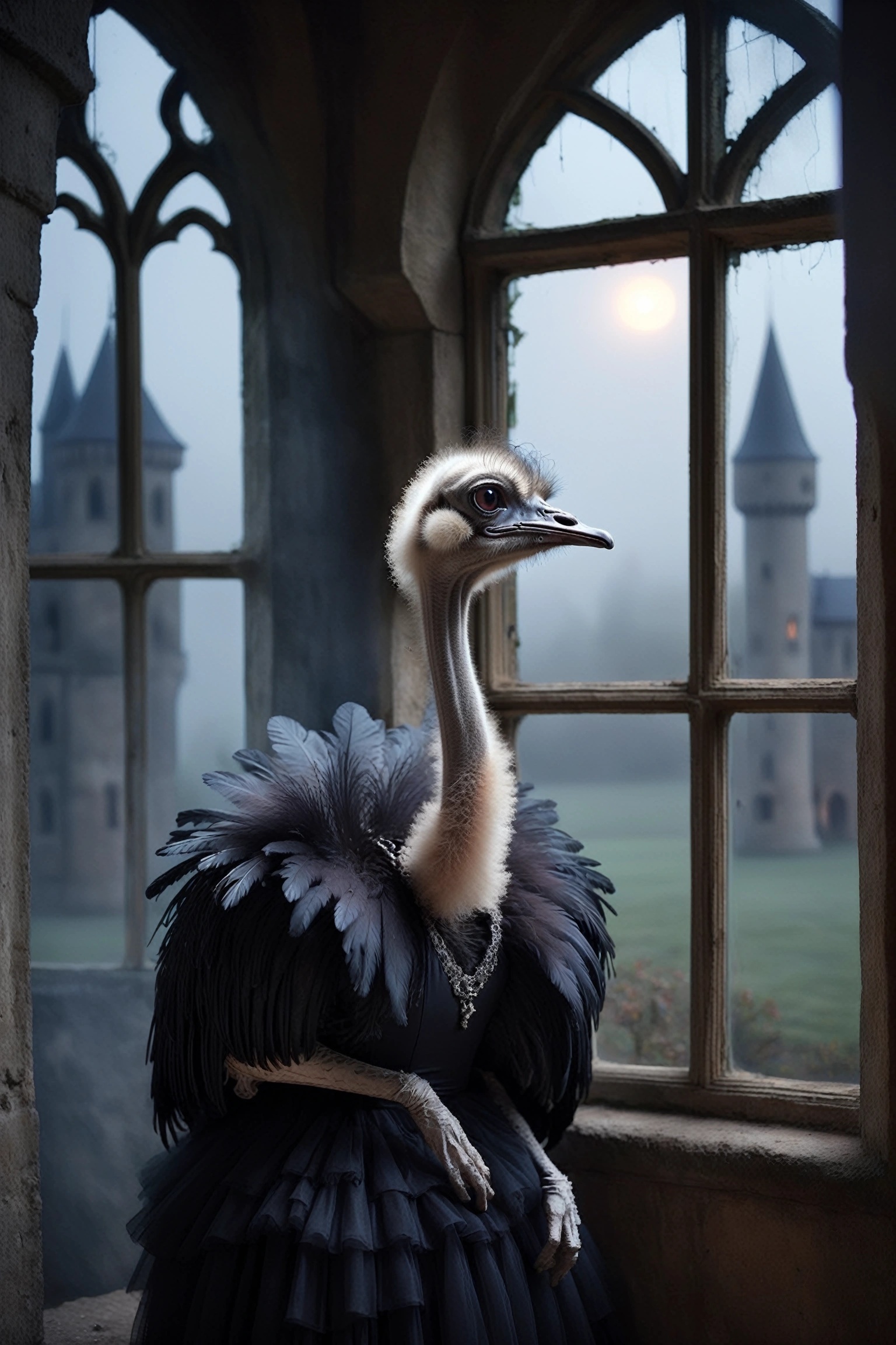 gothic ostrich wearing frilled dress,  expressionless,  midnight on Tensor.Art