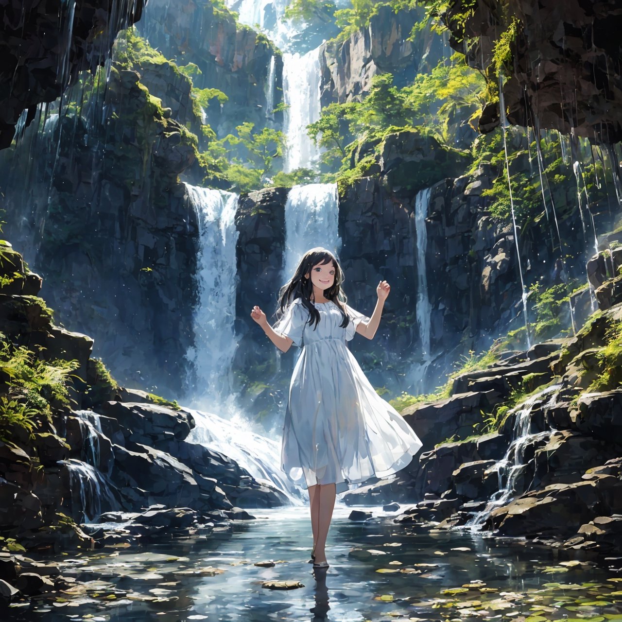 waterfall beautiful girl happy,  clear on Tensor.Art