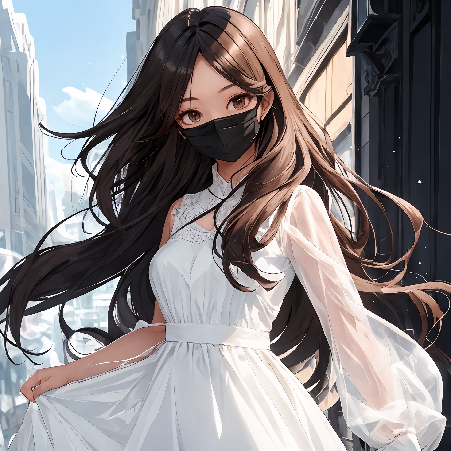 black mask,  beautiful girl happy,  clear white dress on Tensor.Art