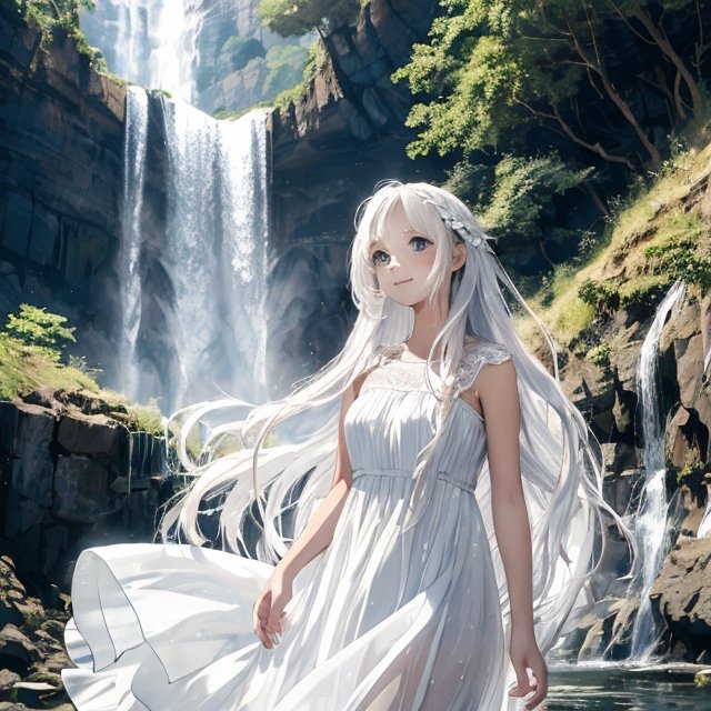 waterfall beautiful girl happy,  clear white dress,  longhair on Tensor.Art