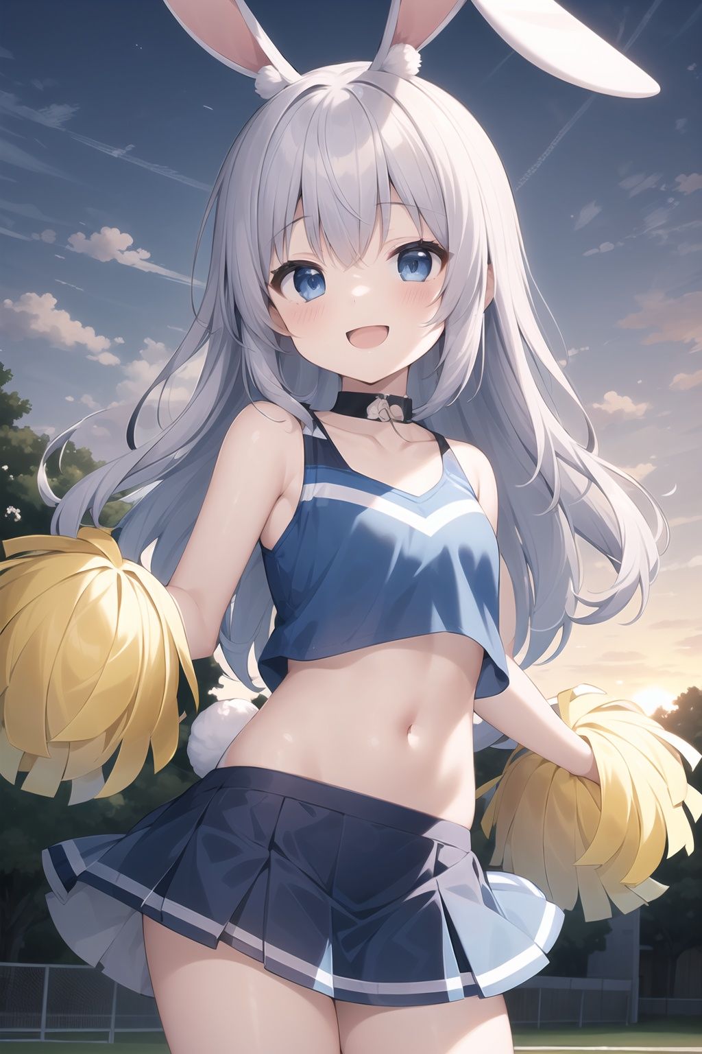 1girl,<lora:rabbit_girl_v1:0.6>,rabbit ears,solo,long hair,looking at viewer,blush,smile,open mouth,blue eyes,skirt,shirt,hair ornament,navel,holding,bare shoulders,standing,collarbone,tail,white hair,:d,grey hair,thighs,cowboy shot,pleated skirt,outdoors,sky,sleeveless,choker,midriff,cloud,miniskirt,stomach,blue skirt,crop top,bare arms,sleeveless shirt,white skirt,blue shirt,sunset,cheerleader,pom pom \(cheerleading\),holding pom poms,