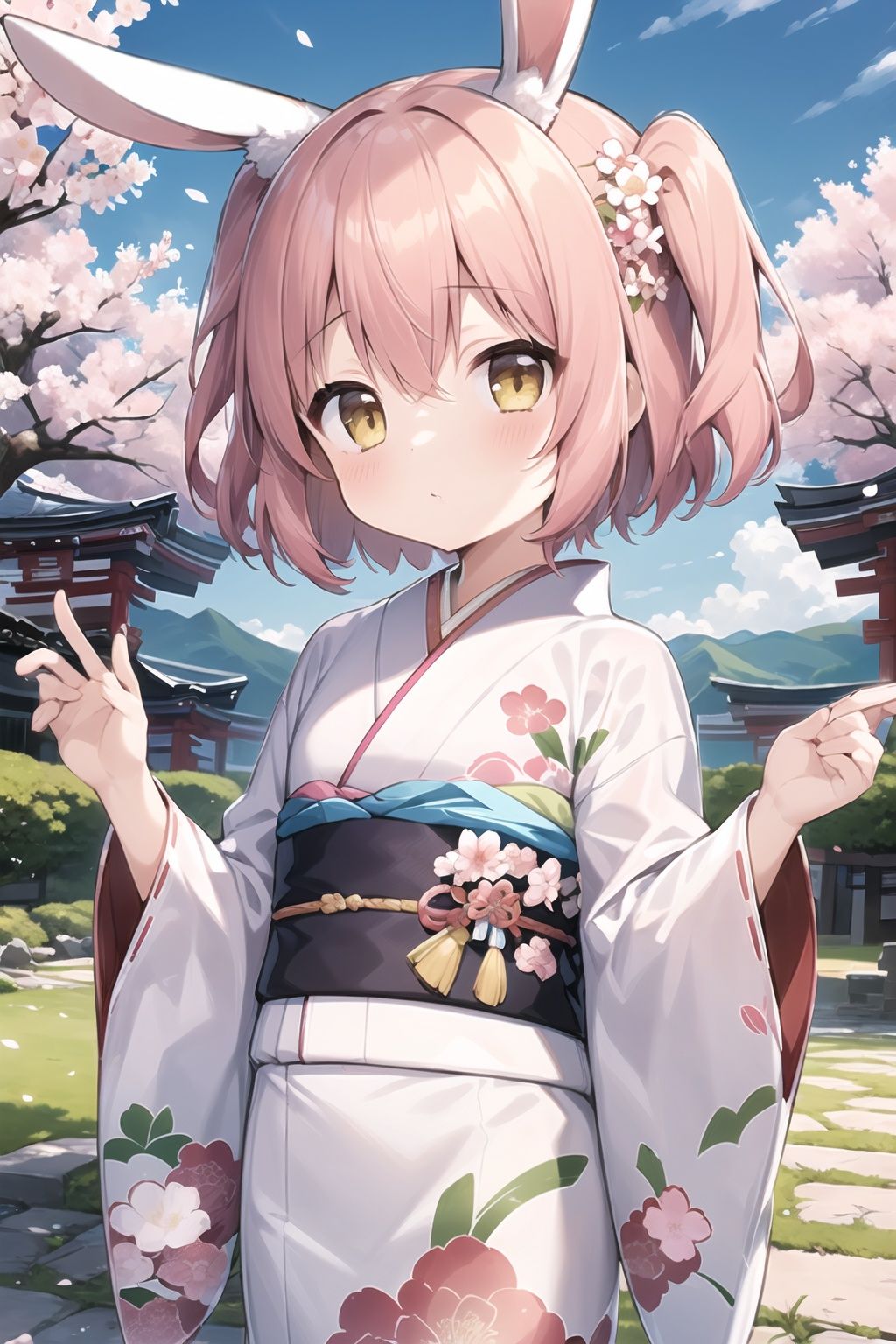 1girl,<lora:rabbit_girl_v1:0.6>,rabbit ears,solo,looking at viewer,blush,short hair,bangs,hair ornament,long sleeves,hair between eyes,brown eyes,closed mouth,yellow eyes,pink hair,flower,outdoors,japanese clothes,sky,day,cloud,hair flower,wide sleeves,kimono,blue sky,hands up,sash,one side up,obi,floral print,white flower,cherry blossoms,pink flower,white kimono,print kimono,pink kimono,