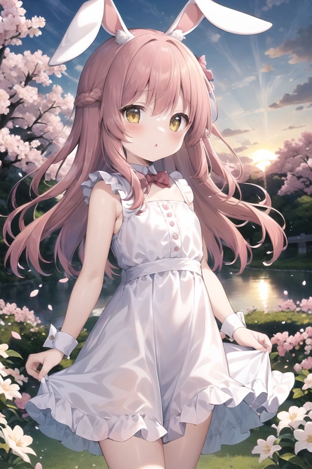 1girl,<lora:rabbit_girl_v1:0.8>,rabbit ears,red background,cowboy shot,solo,long hair,looking at viewer,blush,bangs,hair ornament,dress,bow,brown eyes,standing,yellow eyes,pink hair,braid,flower,thighs,cowboy shot,outdoors,frills,sky,sleeveless,cloud,hair flower,bowtie,white dress,wrist cuffs,book,petals,sleeveless dress,frilled dress,pink bow,cherry blossoms,pink flower,sunset,skirt hold,book stack,